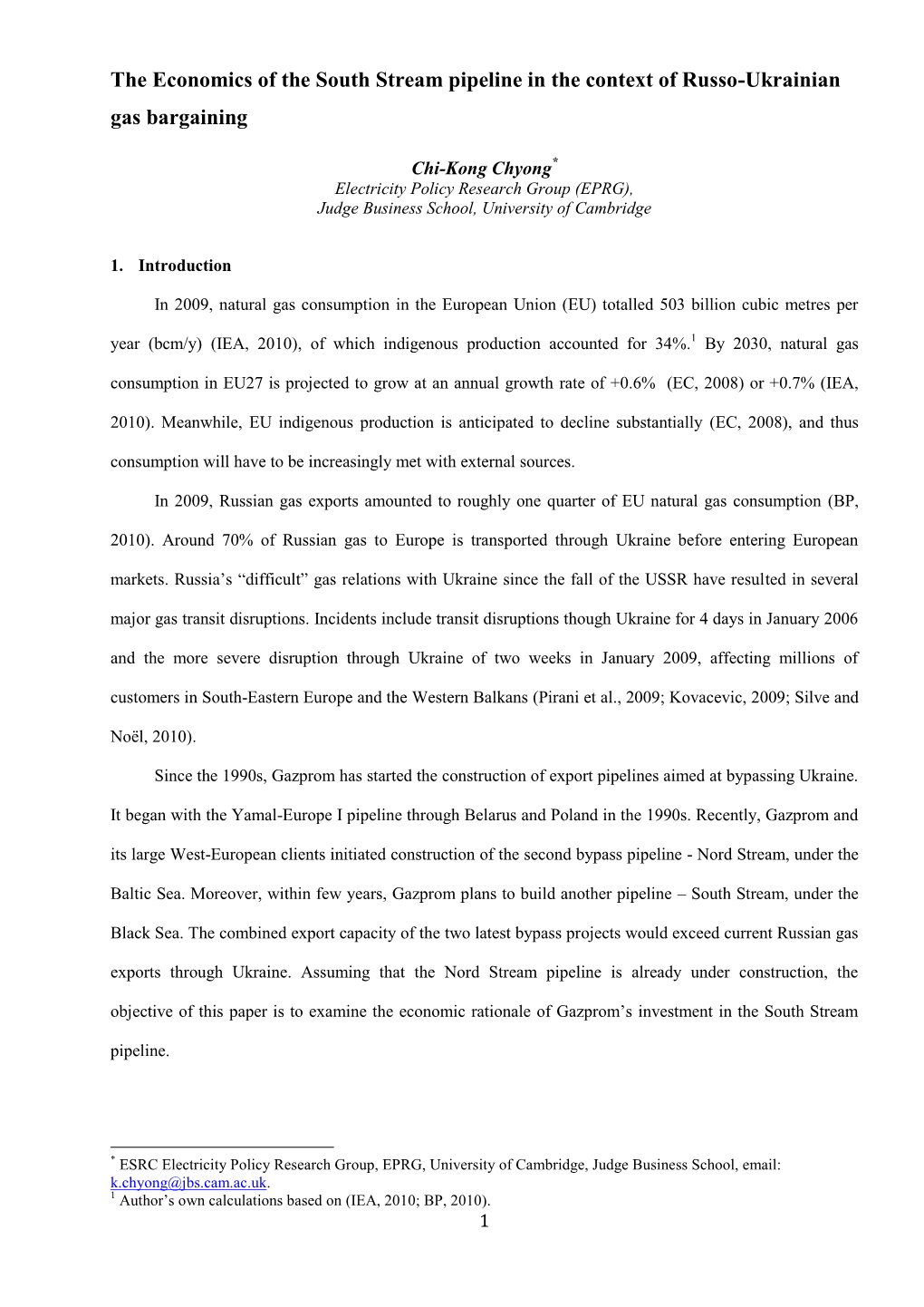 The Economics of the South Stream Pipeline in the Context of Russo-Ukrainian Gas Bargaining