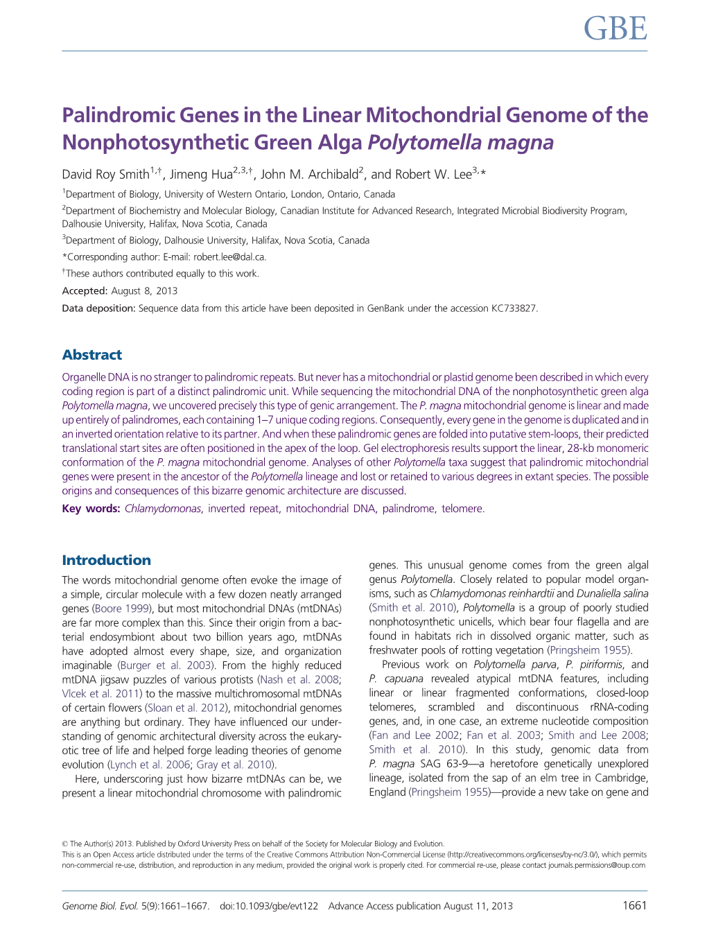 Palindromic Genes in the Linear Mitochondrial Genome of the Nonphotosynthetic Green Alga Polytomella Magna
