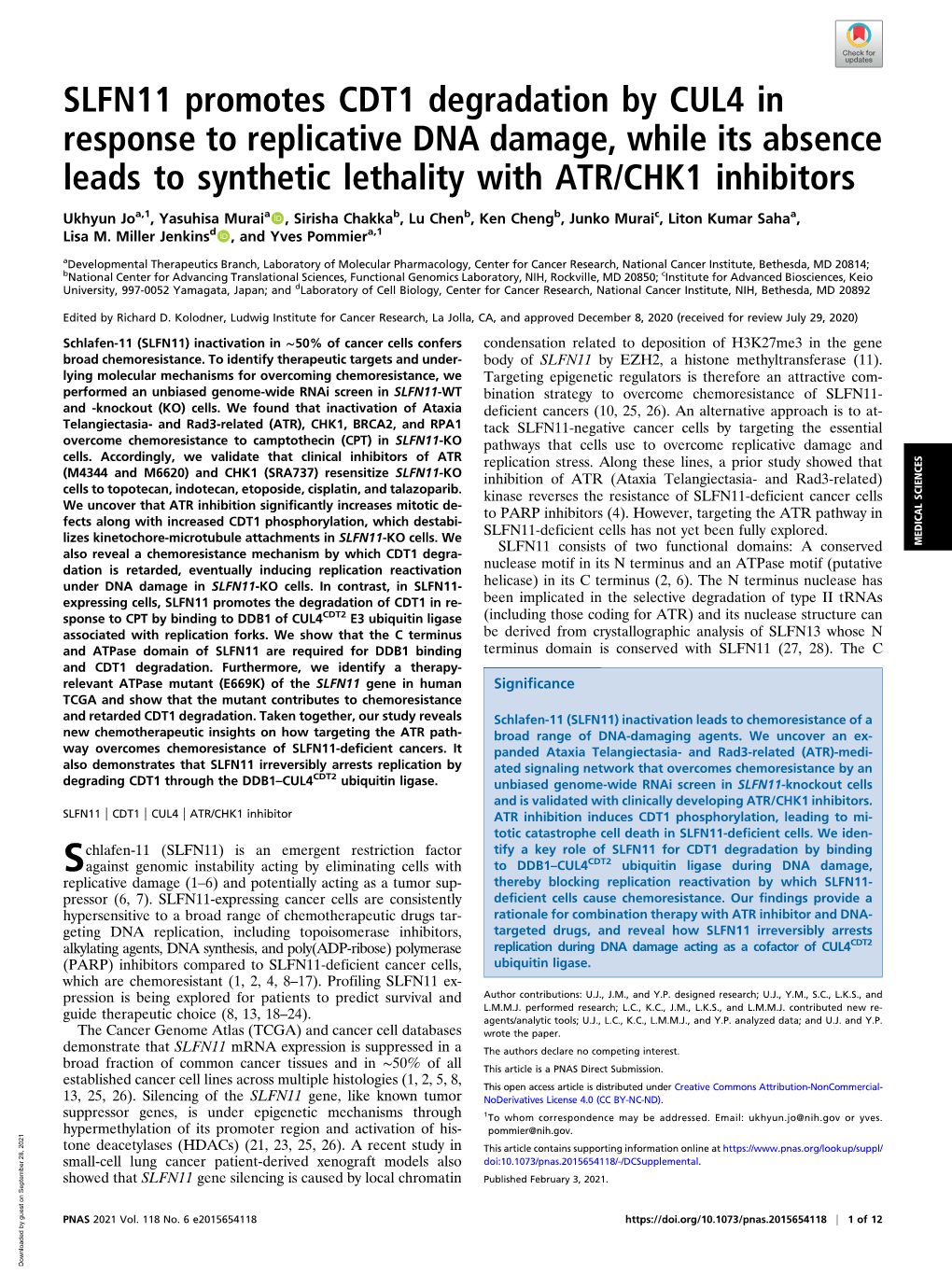 SLFN11 Promotes CDT1 Degradation by CUL4 in Response to Replicative DNA Damage, While Its Absence Leads to Synthetic Lethality with ATR/CHK1 Inhibitors