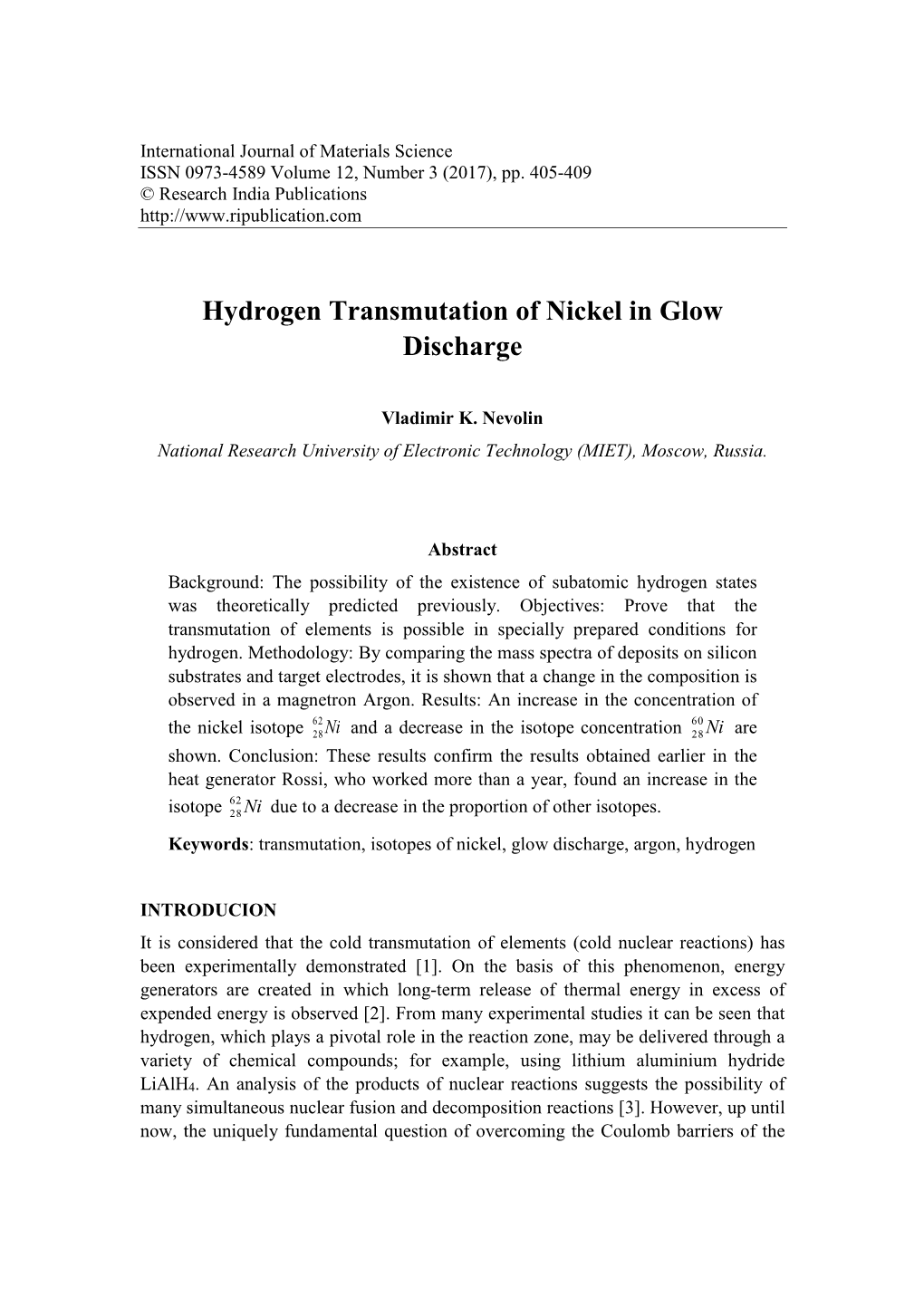 Hydrogen Transmutation of Nickel in Glow Discharge