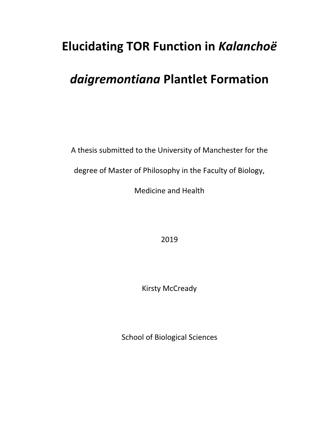 Elucidating TOR Function in Kalanchoe Daigremontiana Plantlet