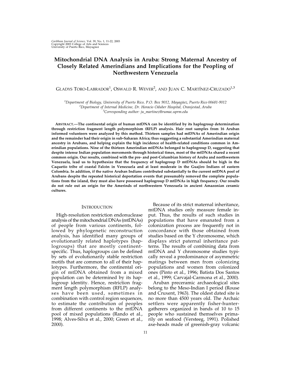 Mitochondrial DNA Analysis in Aruba: Strong Maternal Ancestry of Closely Related Amerindians and Implications for the Peopling of Northwestern Venezuela