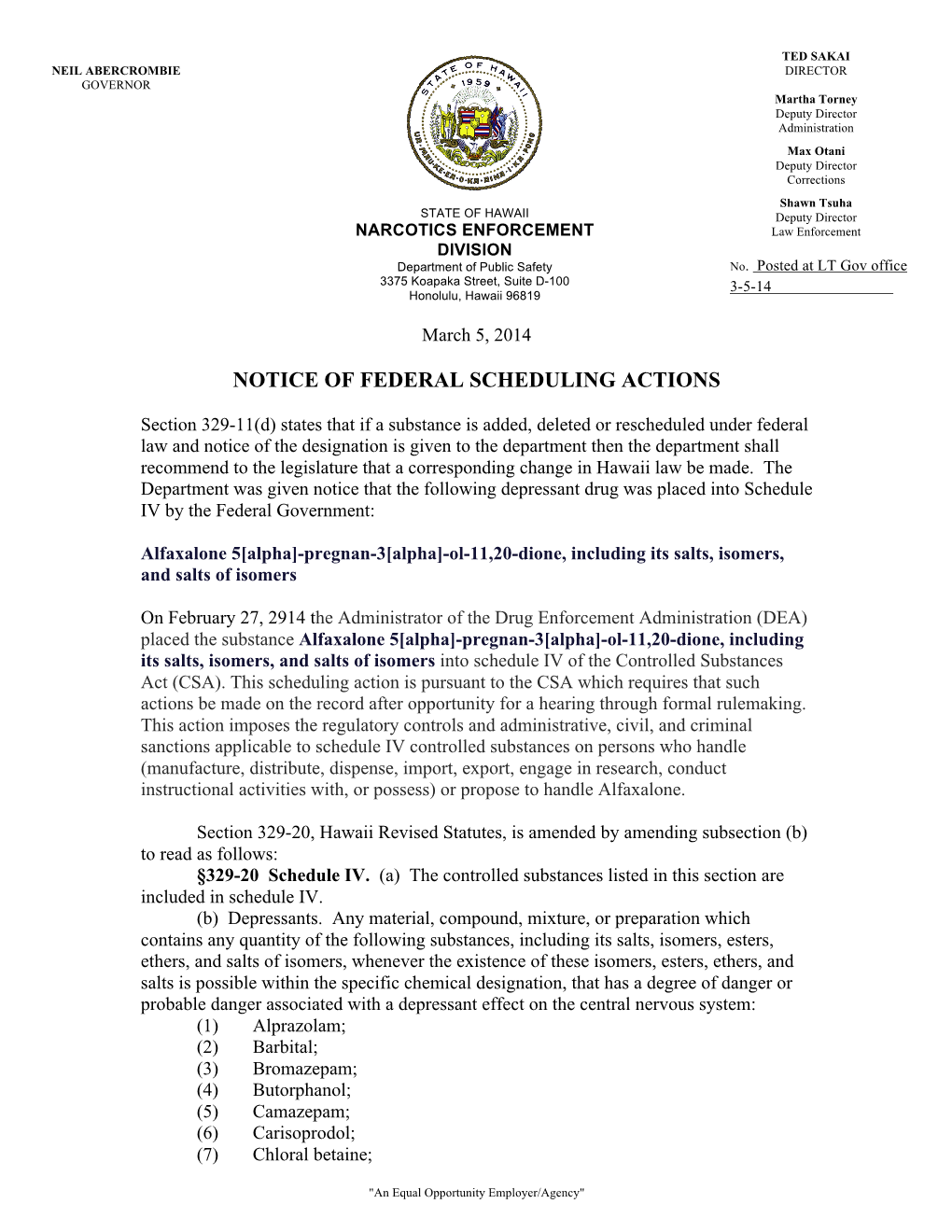 Notice of Federal Scheduling Actions