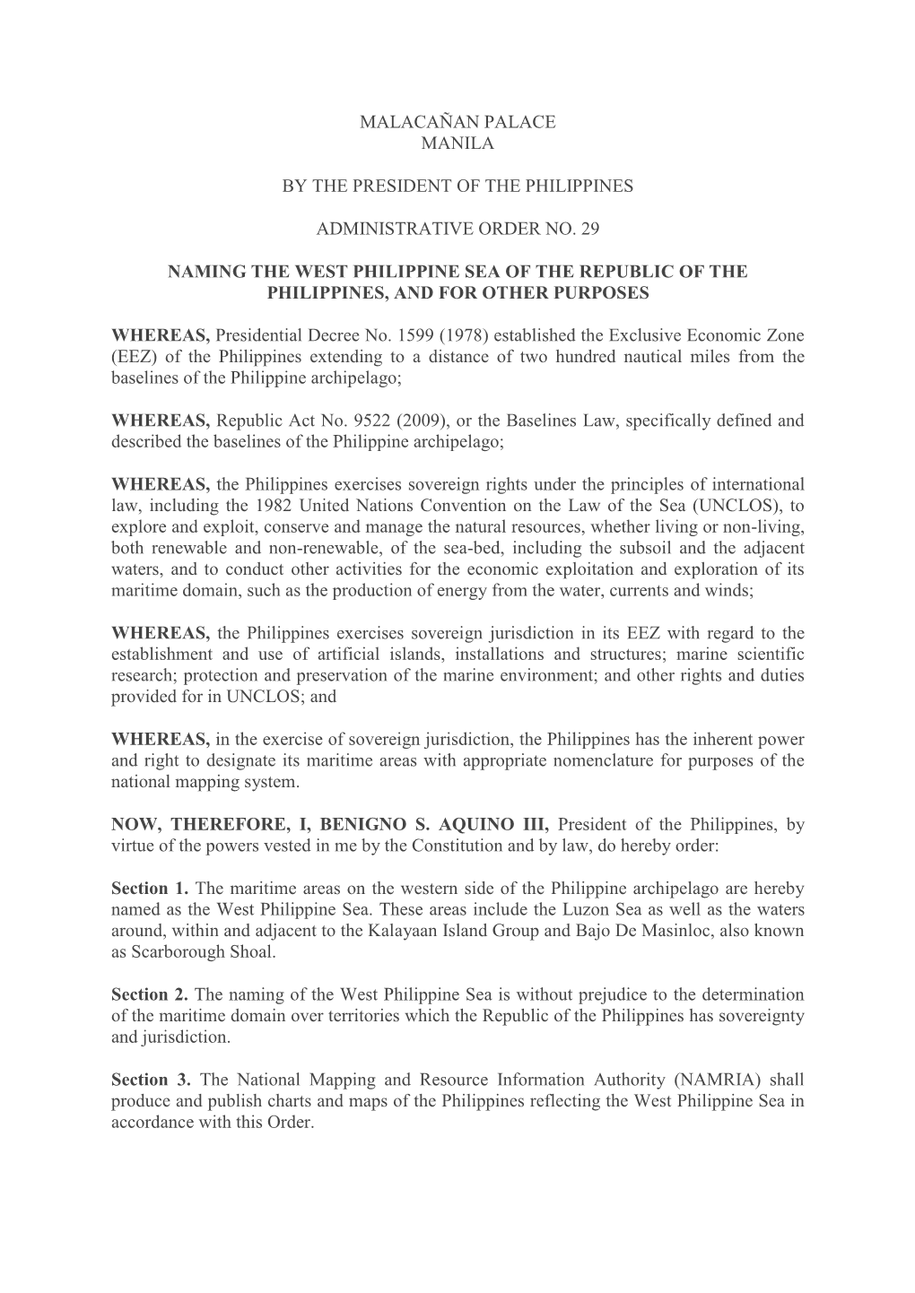 Administrative Order No. 29 Naming the West Philippine Sea of The