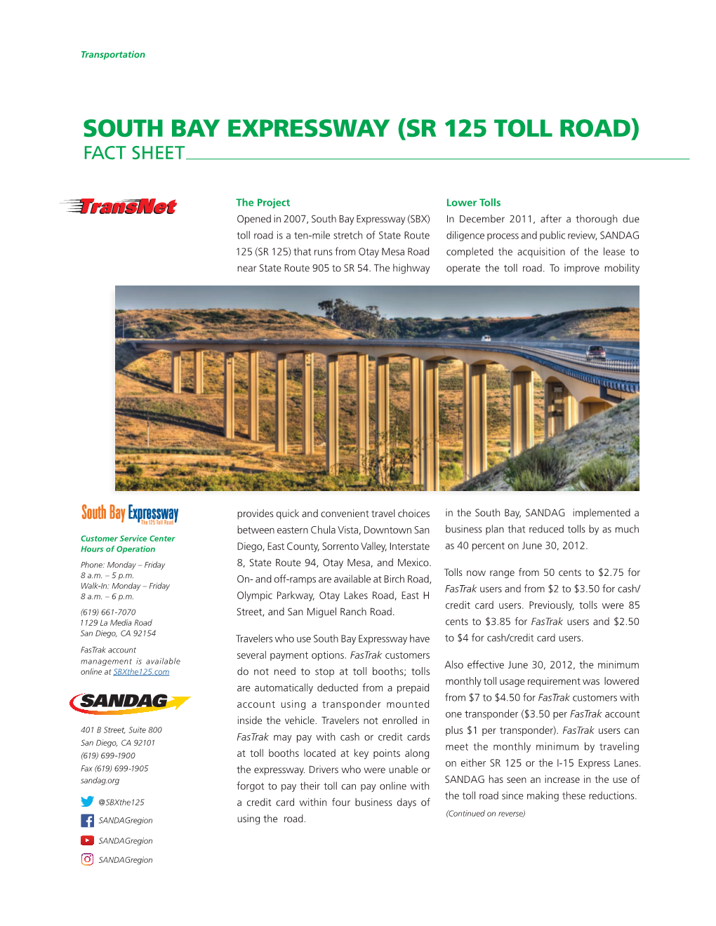 South Bay Expressway (Sr 125 Toll Road) Fact Sheet
