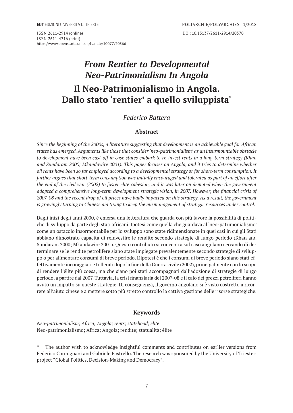 From Rentier to Developmental Neo-Patrimonialism in Angola Il Neo-Patrimonialismo in Angola