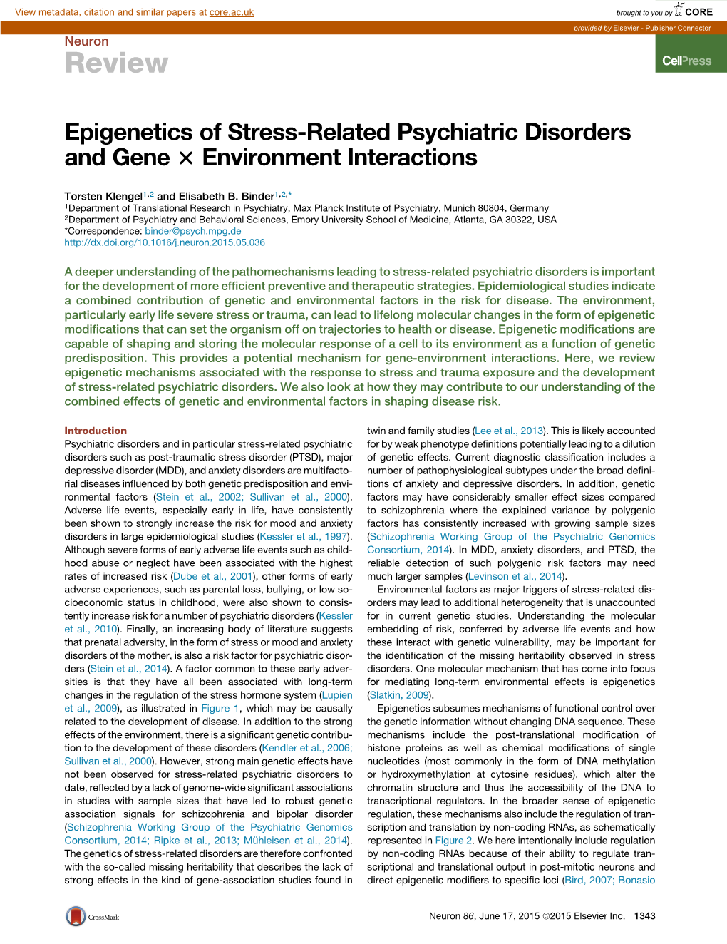 Epigenetics of Stress-Related Psychiatric Disorders and Gene 3 Environment Interactions