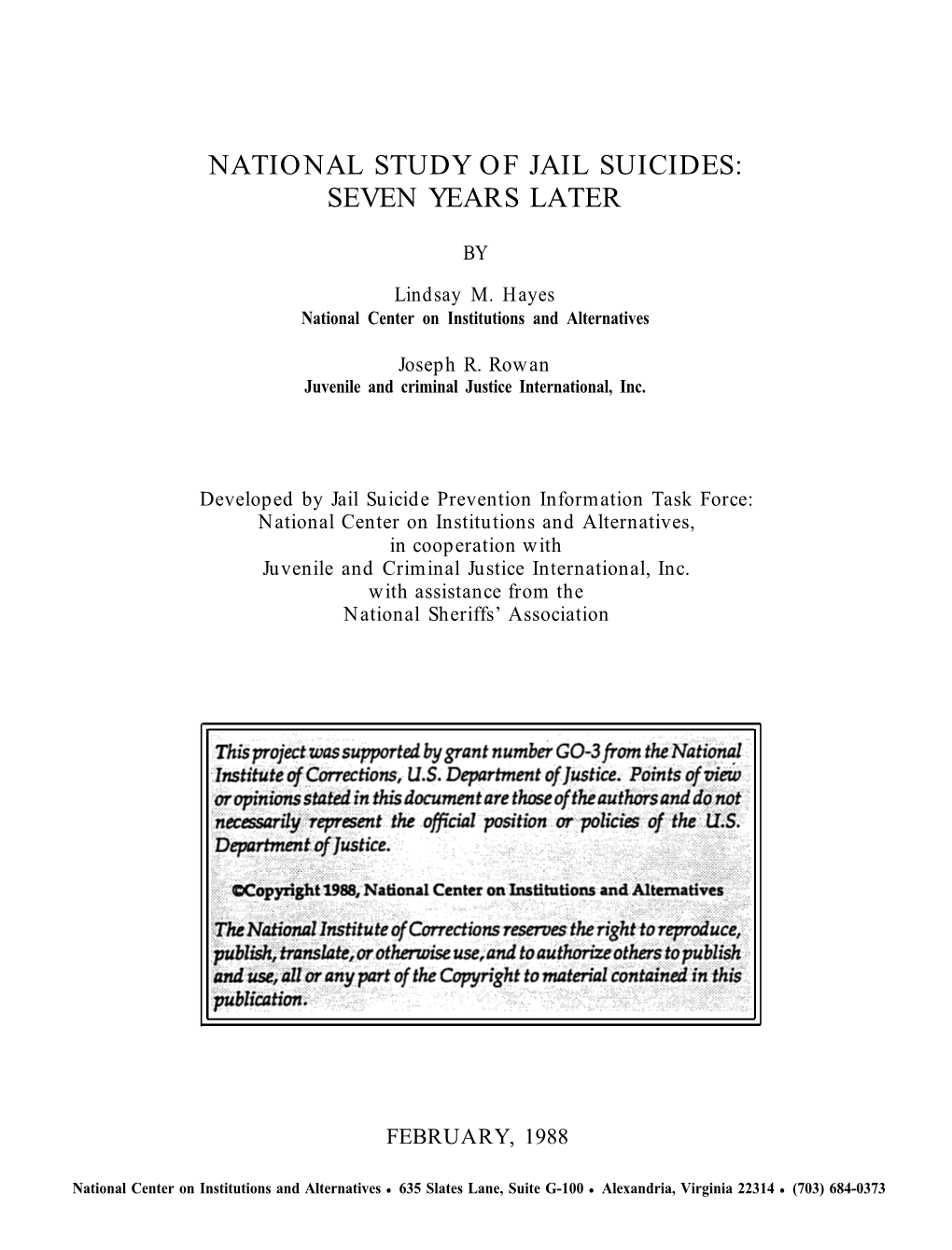 National Study of Jail Suicides: Seven Years Later 1988