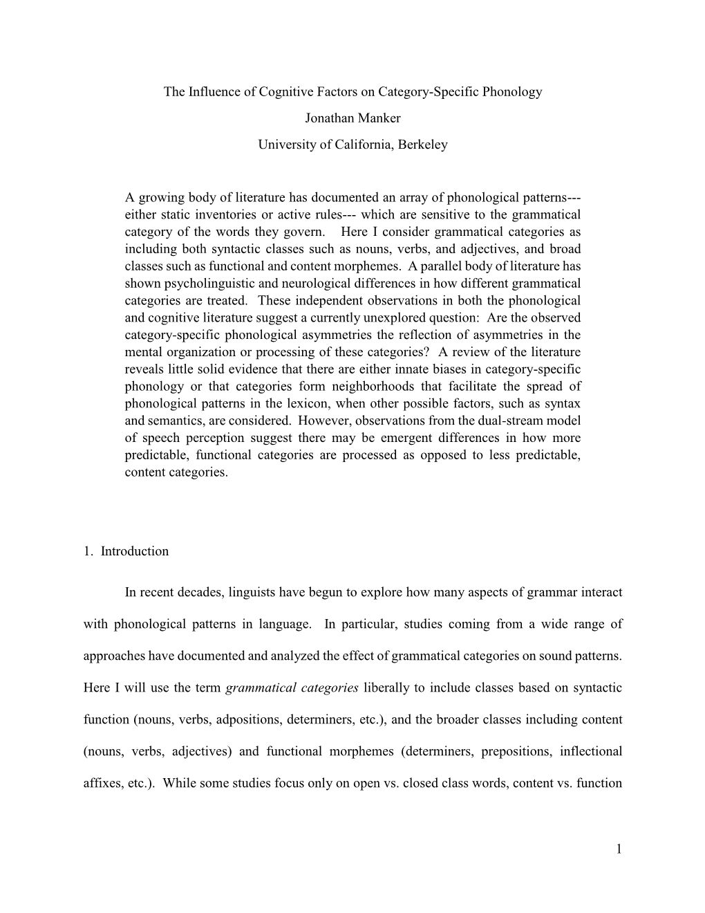 1 the Influence of Cognitive Factors on Category-Specific Phonology