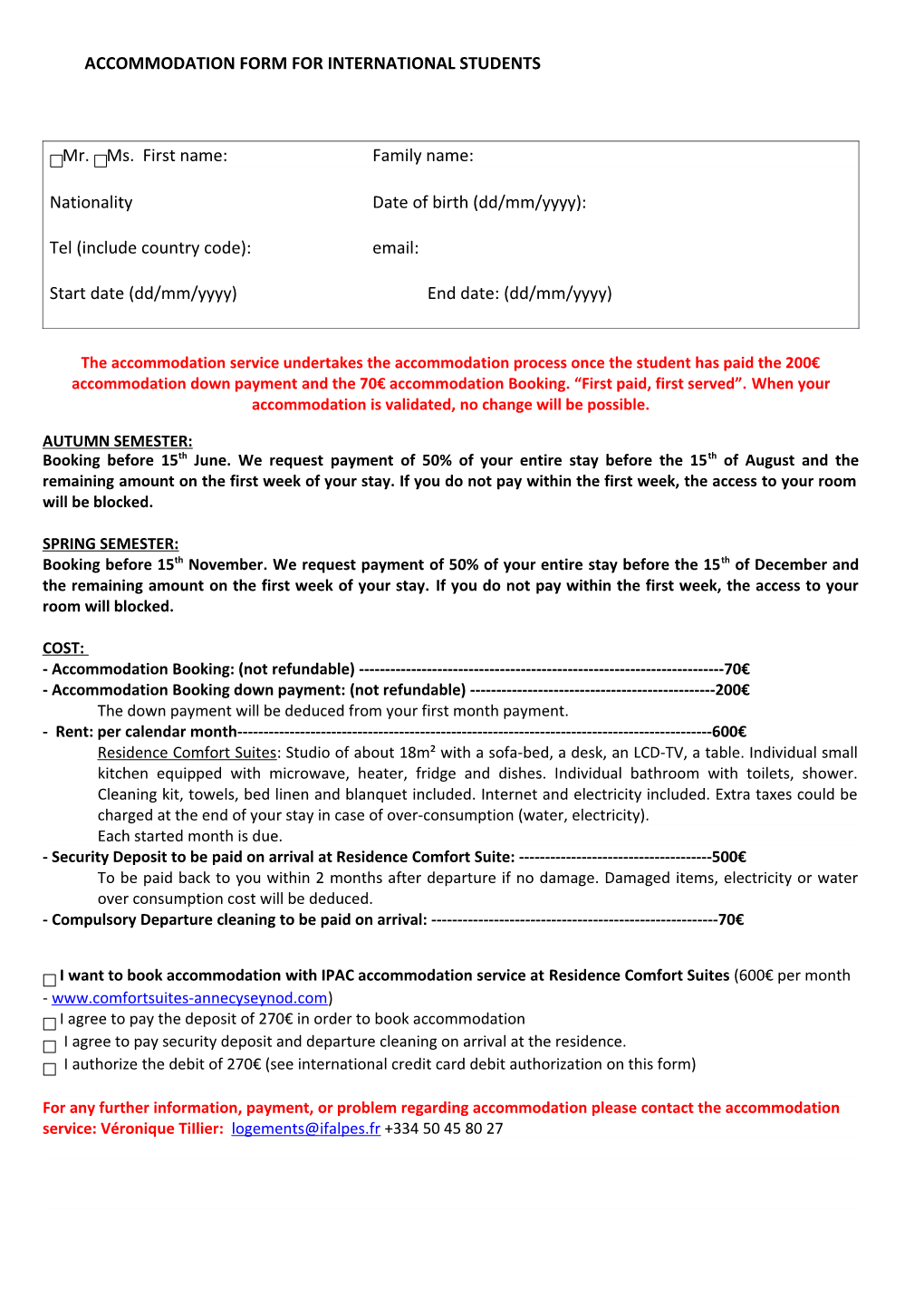 Accommodation Form for International Students