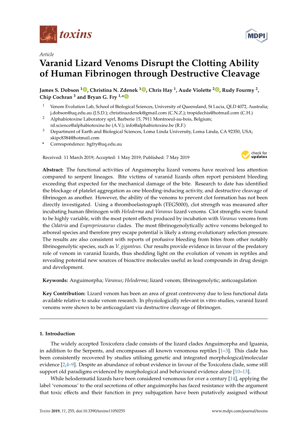 Varanid Lizard Venoms Disrupt the Clotting Ability of Human Fibrinogen Through Destructive Cleavage