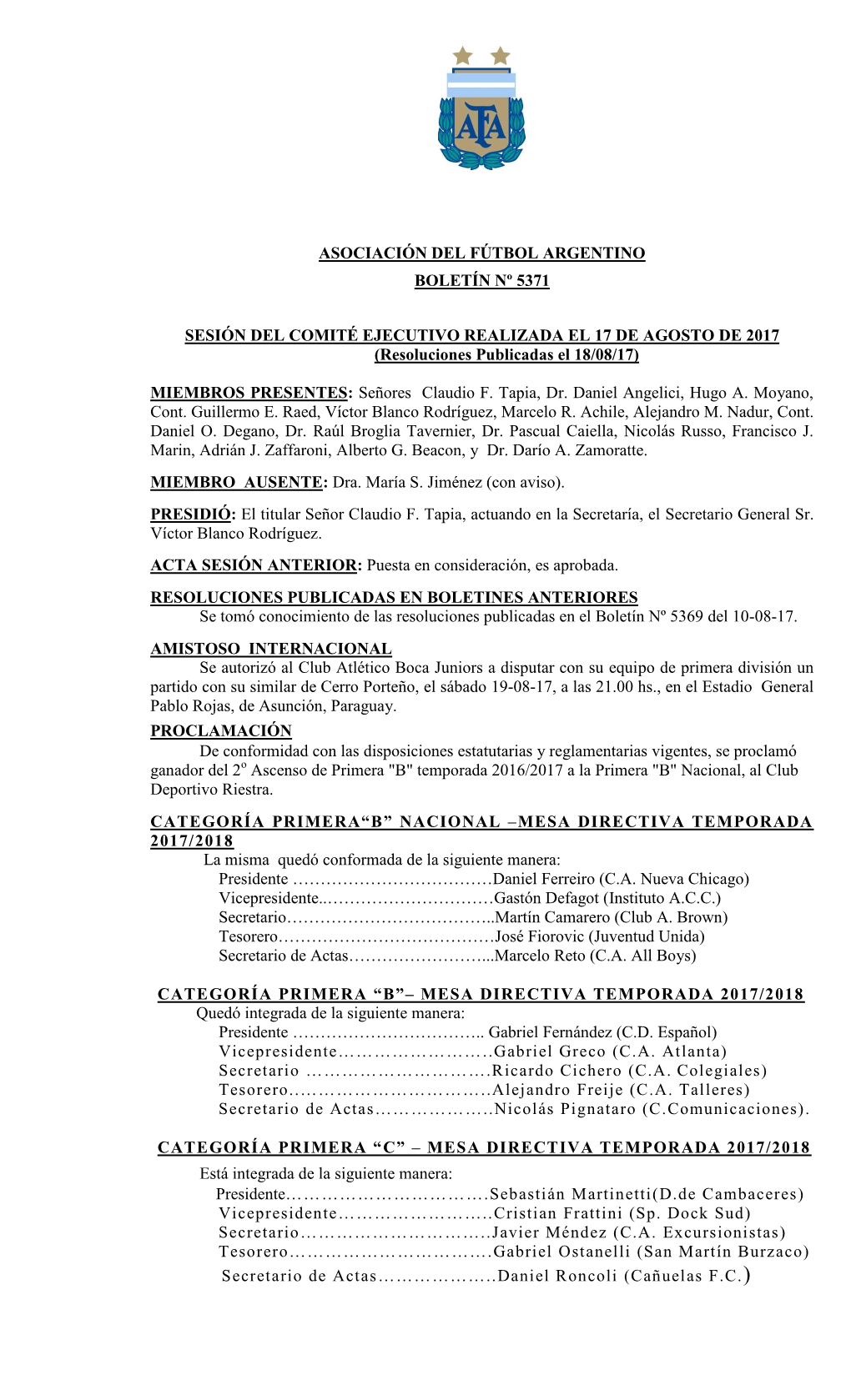 Asociación Del Fútbol Argentino Boletín Nº 5371