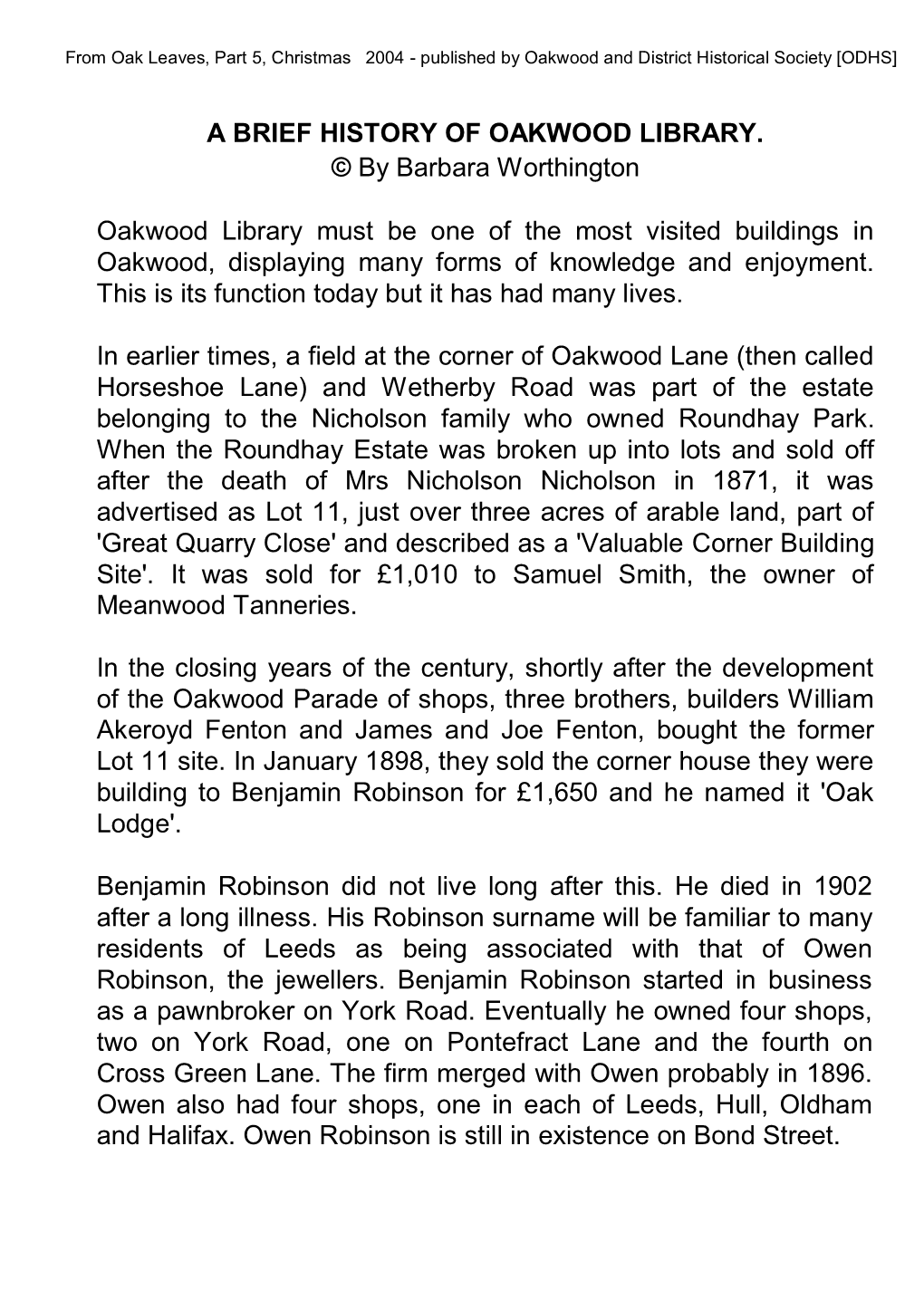 A Brief History of Oakwood Library
