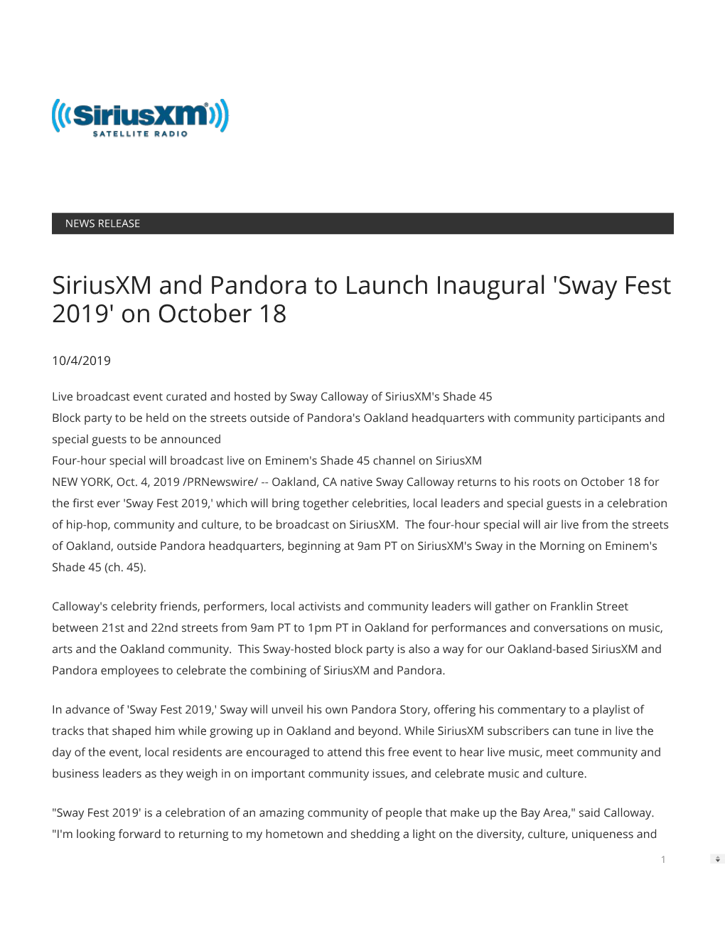 Siriusxm and Pandora to Launch Inaugural 'Sway Fest 2019' on October 18