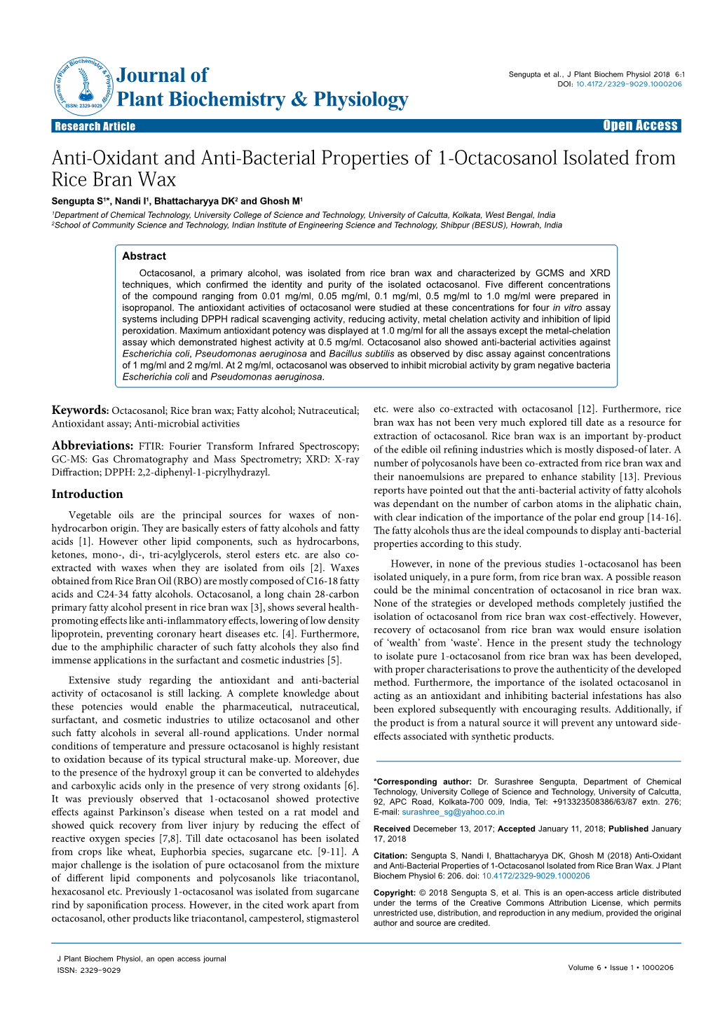 Anti-Oxidant and Anti-Bacterial Properties of 1-Octacosanol