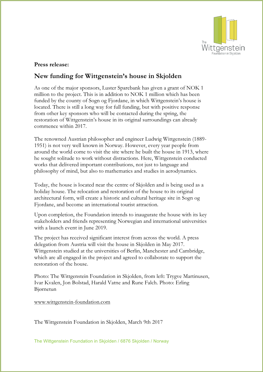 New Funding for Wittgenstein's House in Skjolden