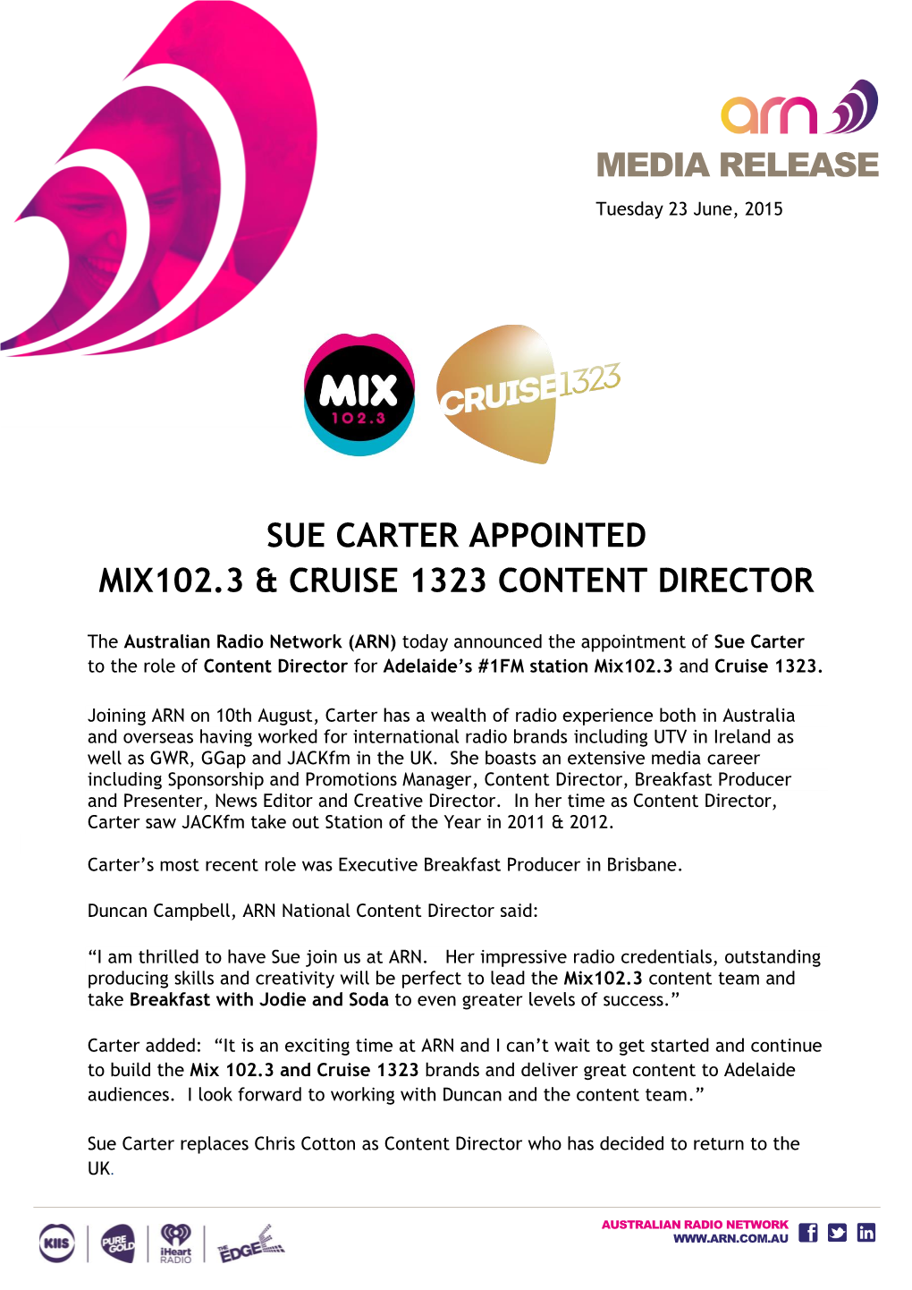 Media Release Sue Carter Appointed Mix102.3 & Cruise