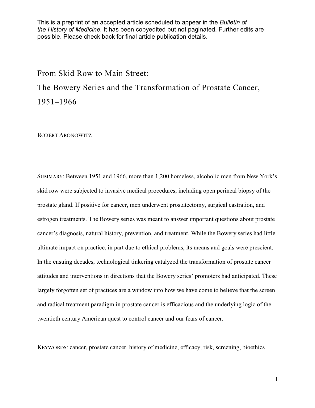 The Bowery Series and the Transformation of Prostate Cancer, 1951–1966