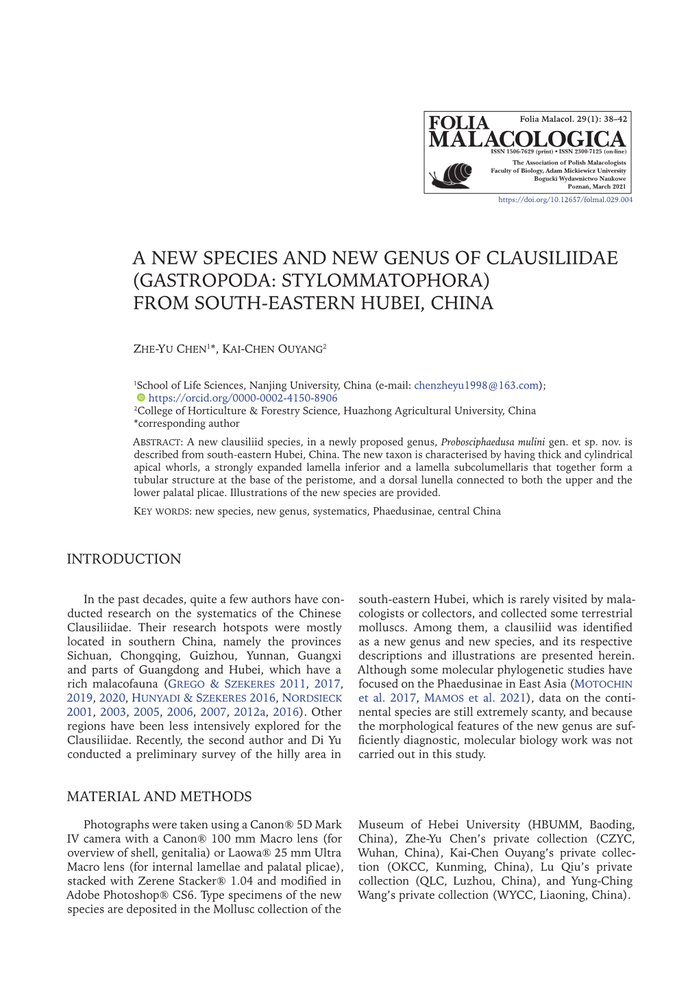 A New Species and New Genus of Clausiliidae (Gastropoda: Stylommatophora) from South-Eastern Hubei, China