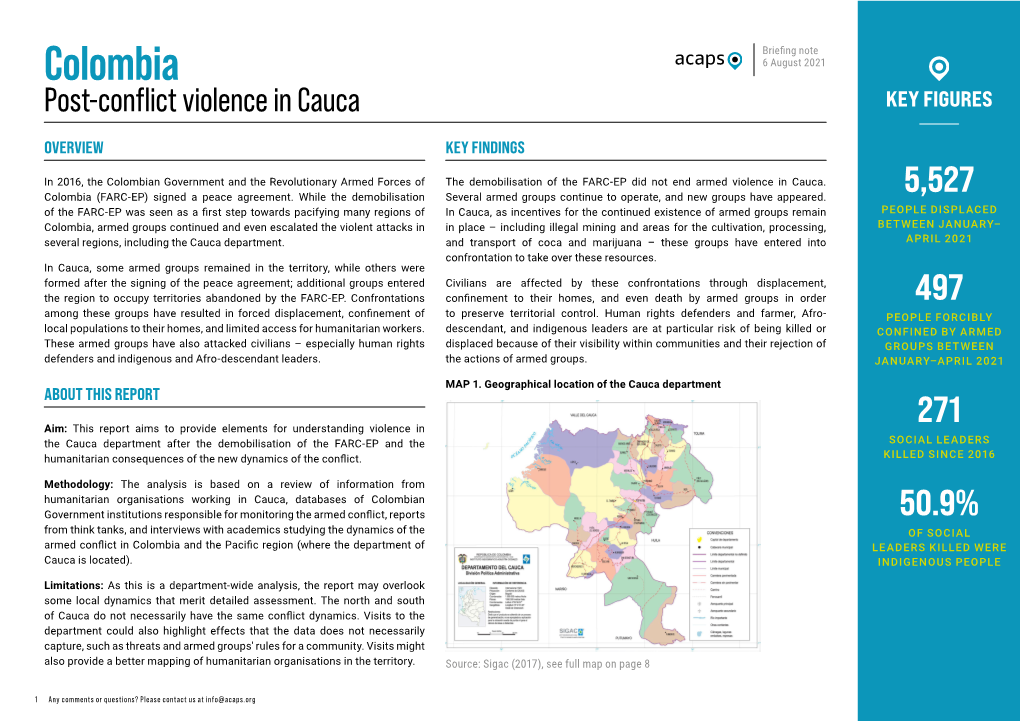 Colombia 6 August 2021 Post-Conflict Violence in Cauca KEY FIGURES