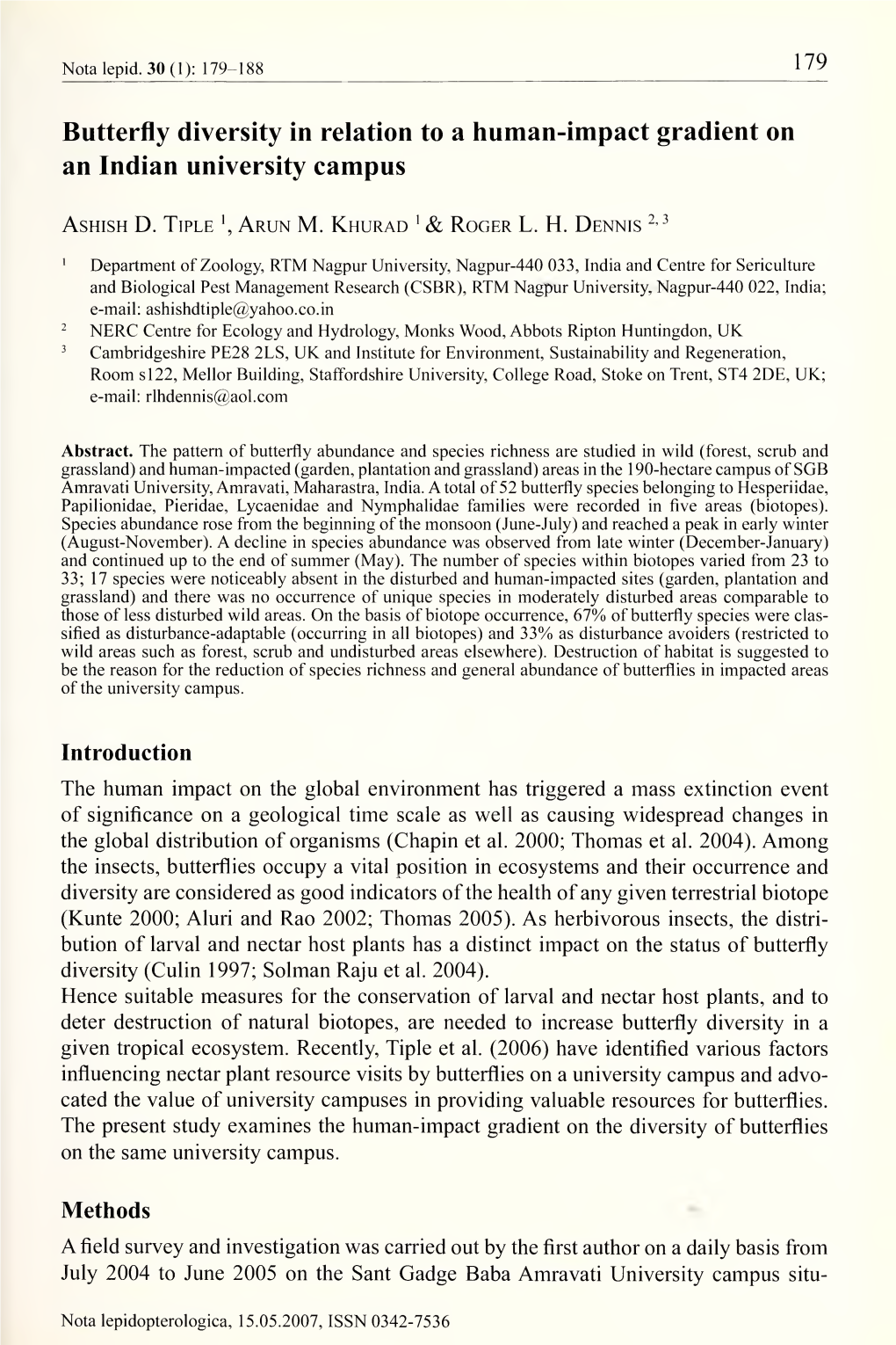 Nota Lepidopterologica, 15.05.2007, ISSN 0342-7536 180 Tiple Et Al.: Butterfly Diversity on an Indian University Campus
