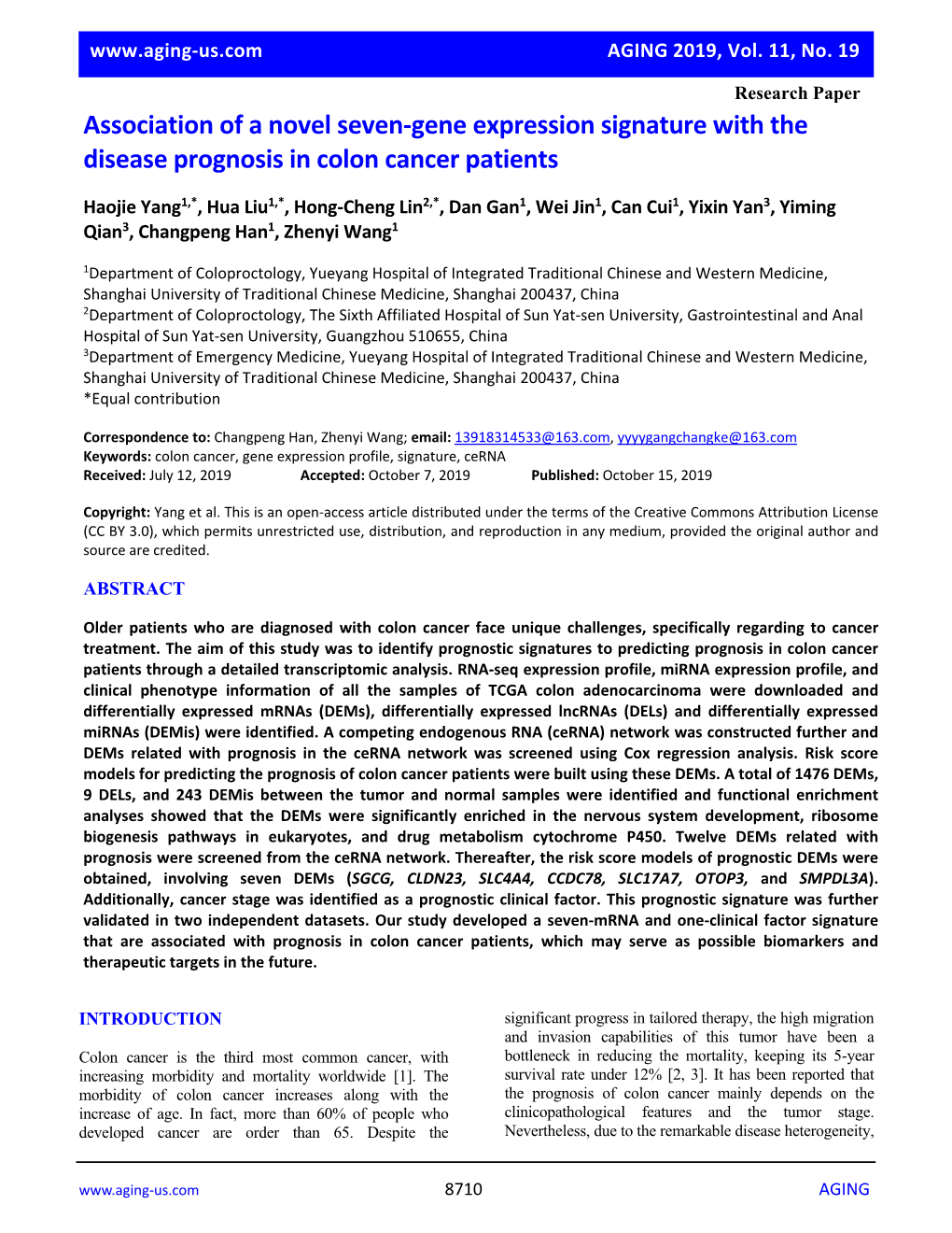 Association of a Novel Seven-Gene Expression Signature with the Disease Prognosis in Colon Cancer Patients