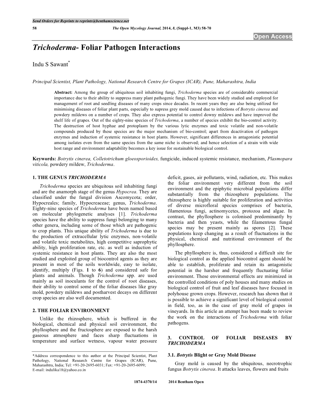 Trichoderma- Foliar Pathogen Interactions