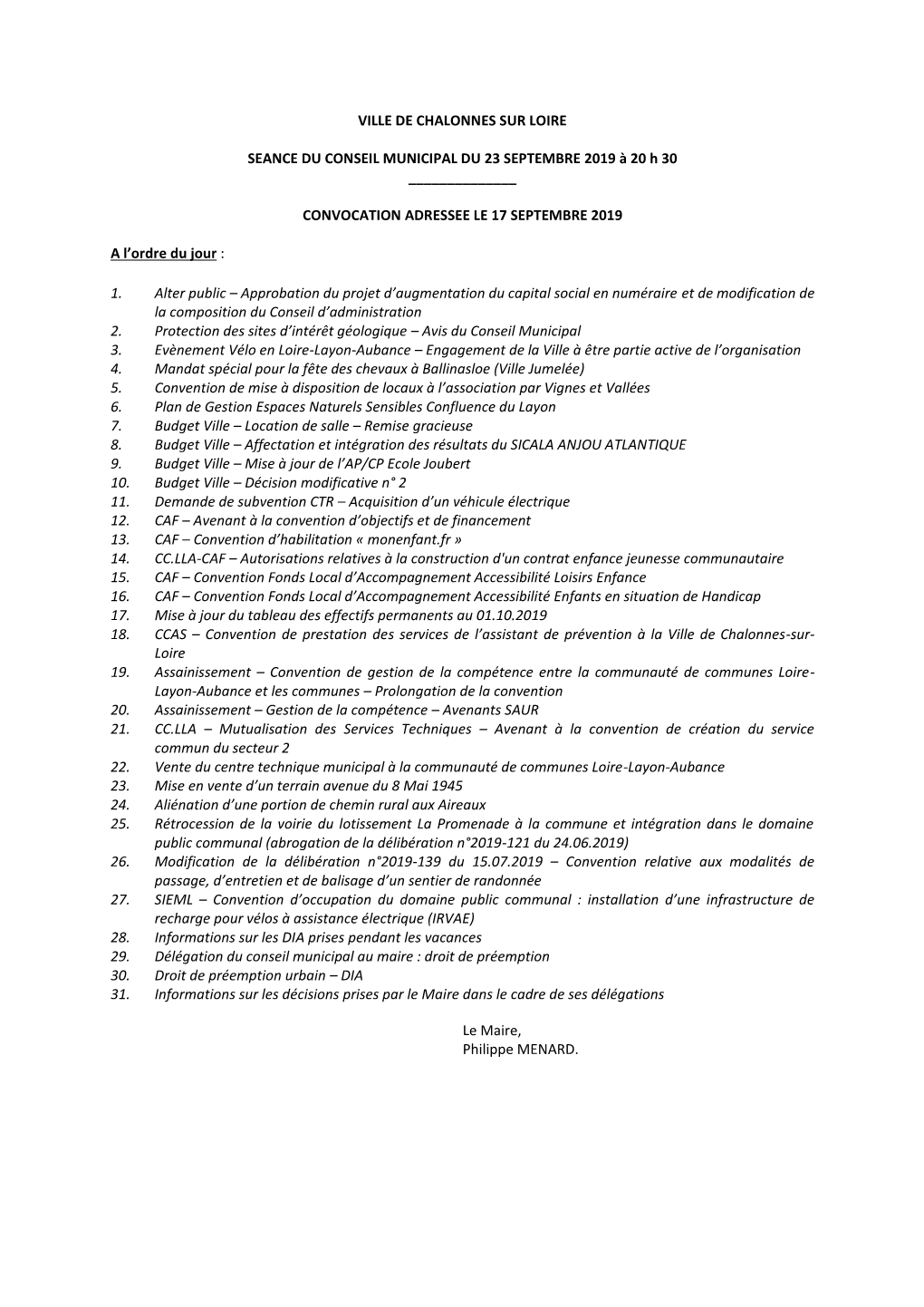 CONSEIL MUNICIPAL DU 23 SEPTEMBRE 2019 À 20 H 30 ______