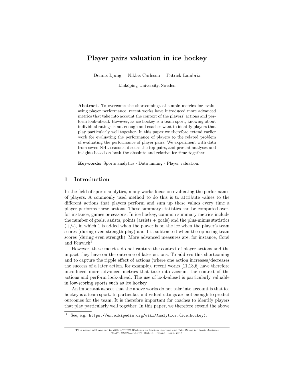 Player Pairs Valuation in Ice Hockey