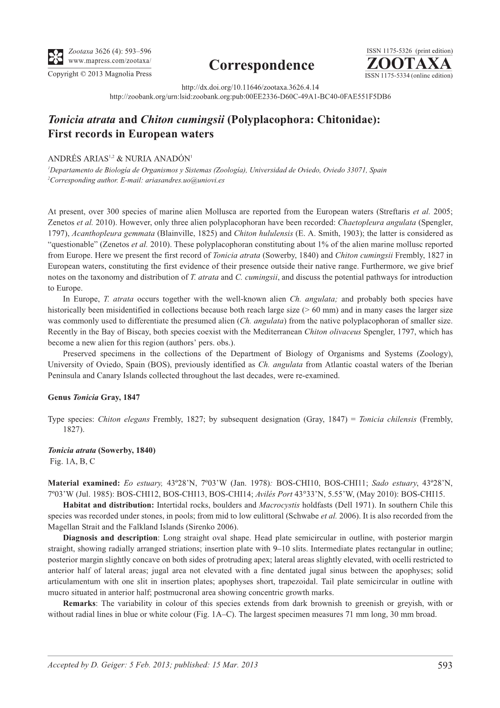 Polyplacophora: Chitonidae): First Records in European Waters