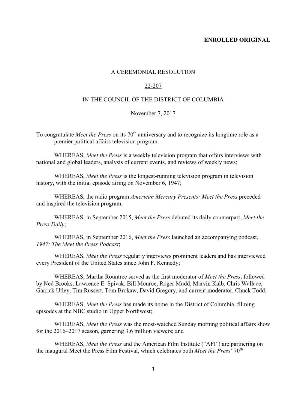 Enrolled Original a Ceremonial Resolution 22