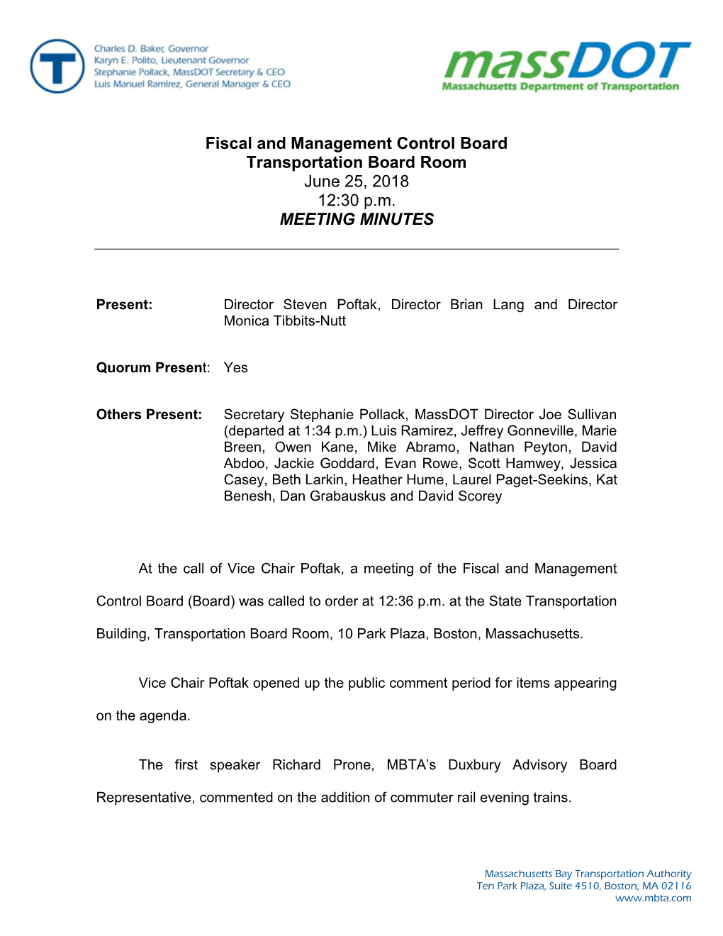 Fiscal and Management Control Board Transportation Board Room June 25, 2018 12:30 P.M