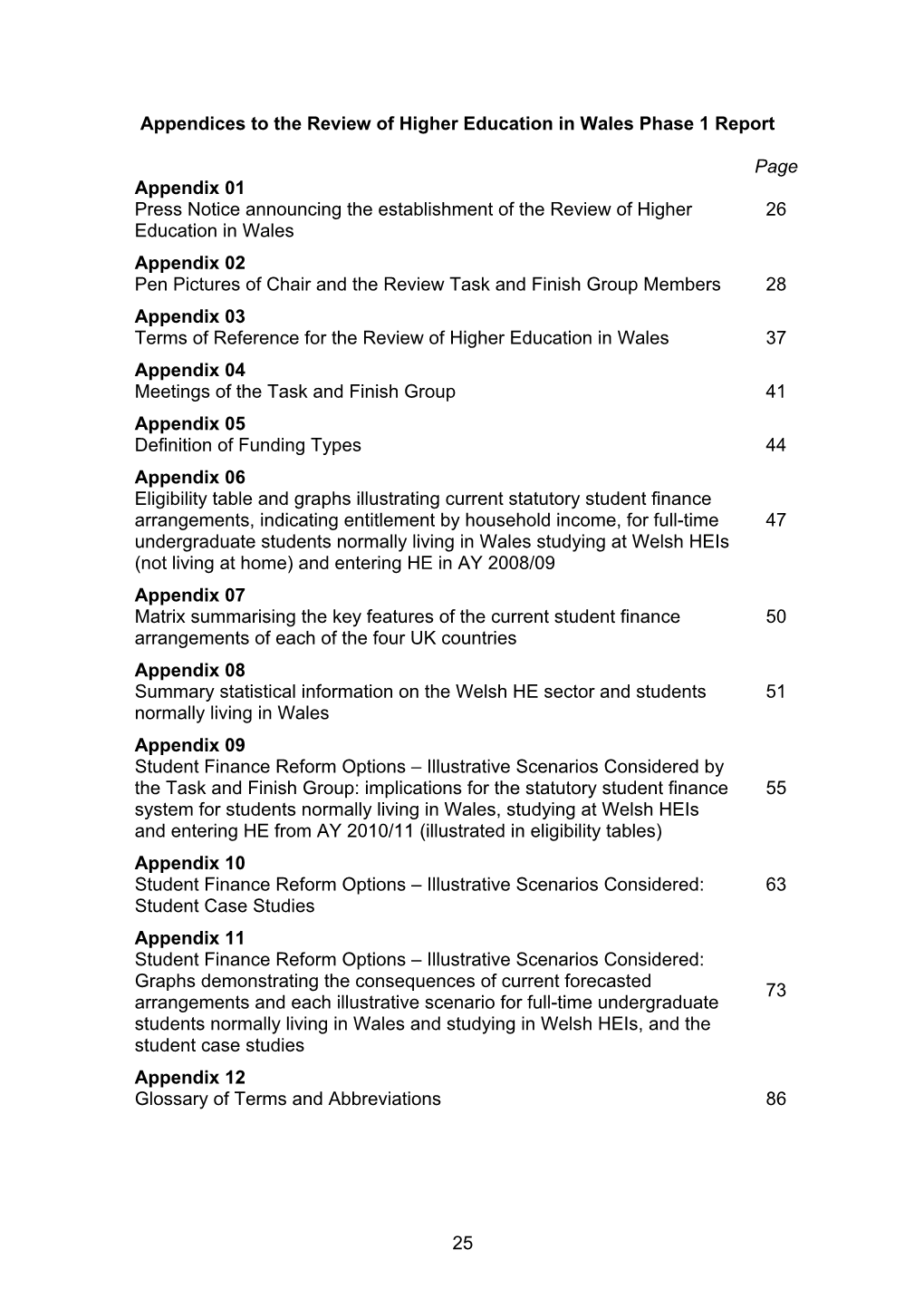 Appendices to the Review of Higher Education in Wales Phase 1 Report