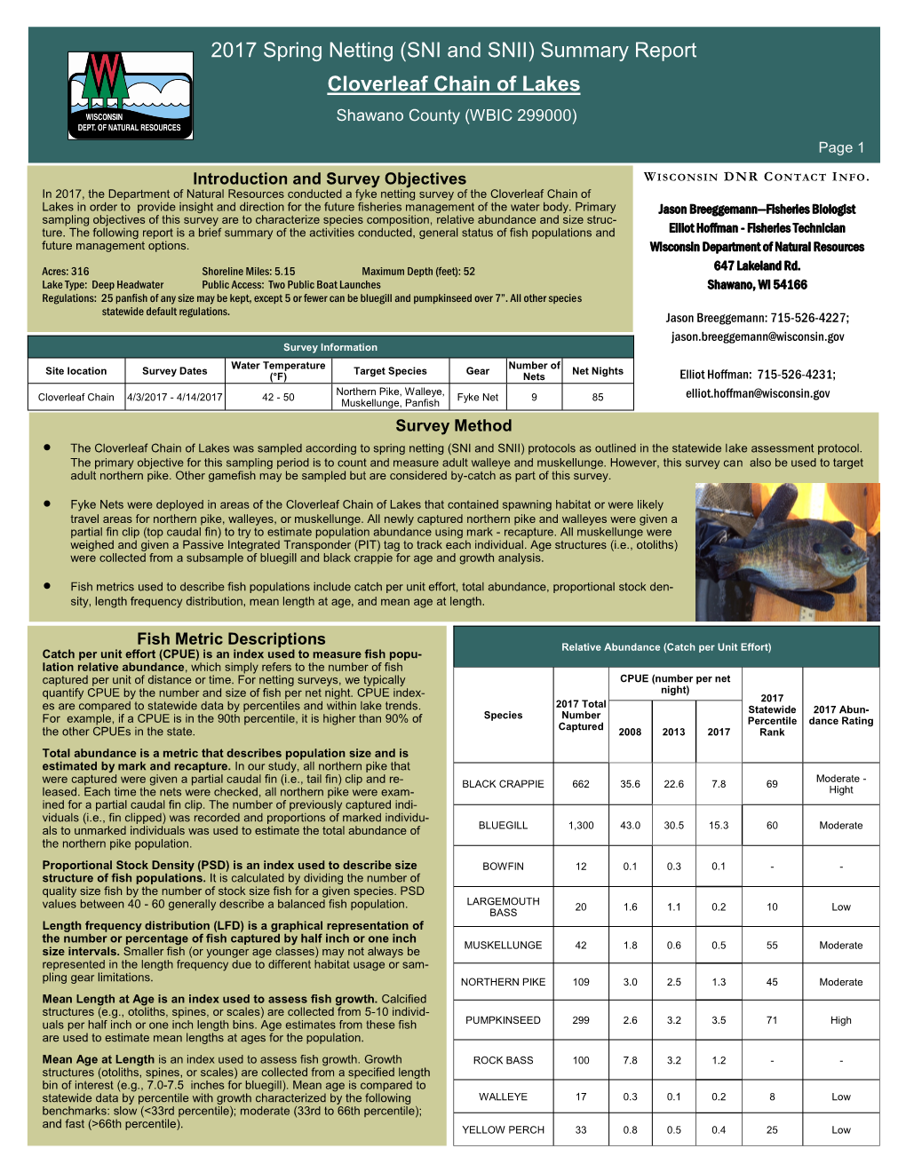 SNI and SNII) Summary Report Cloverleaf Chain of Lakes Shawano County (WBIC 299000