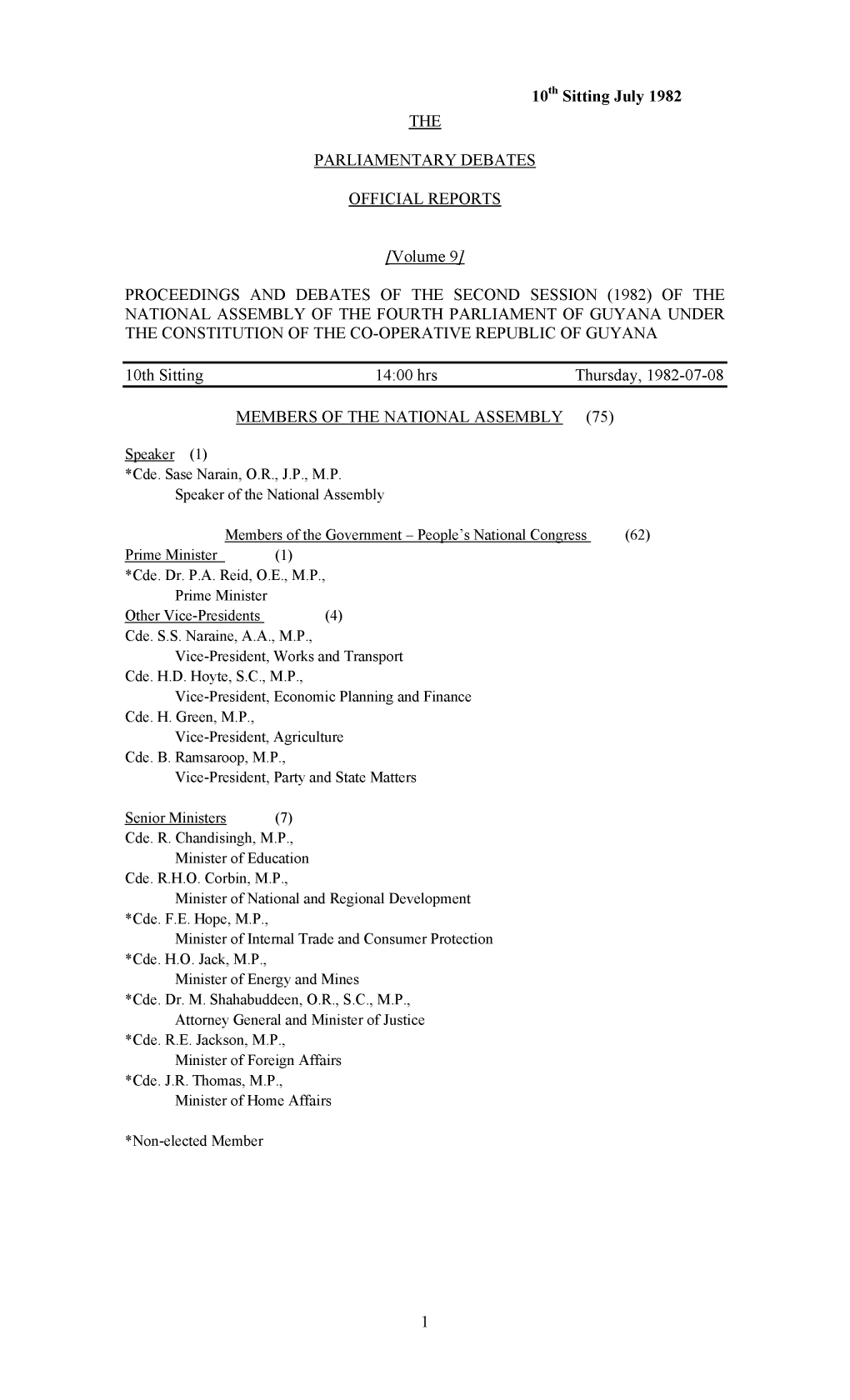 THE 10Th Sitting July 1982 PARLIAMENTARY DEBATES