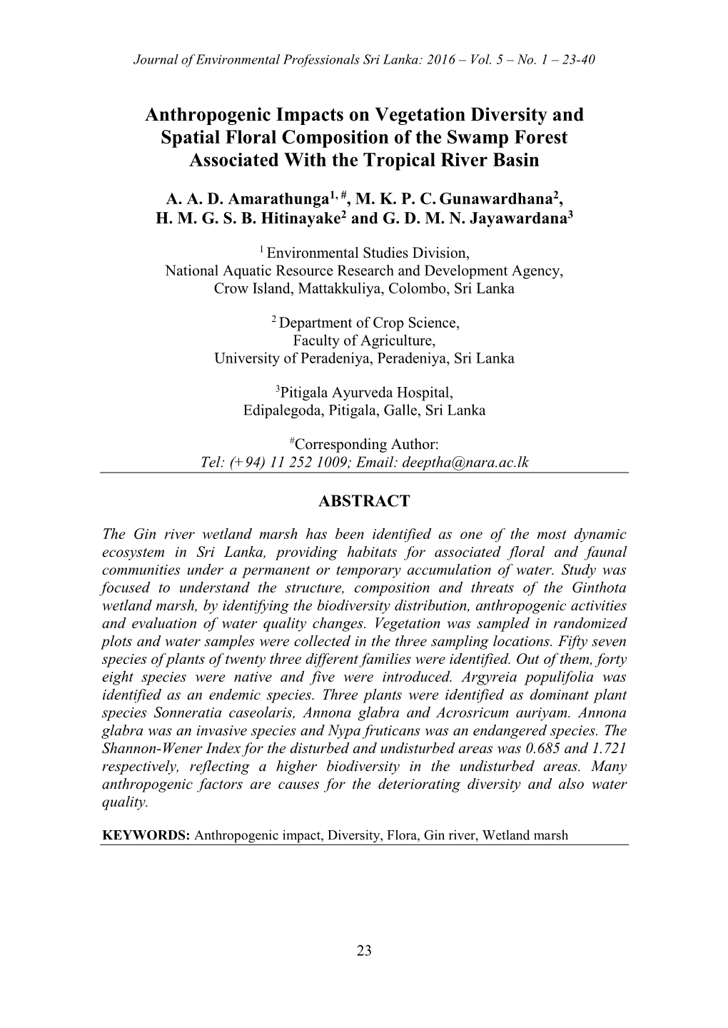 Anthropogenic Impacts on Vegetation Diversity and Spatial Floral Composition of the Swamp Forest Associated with the Tropical River Basin