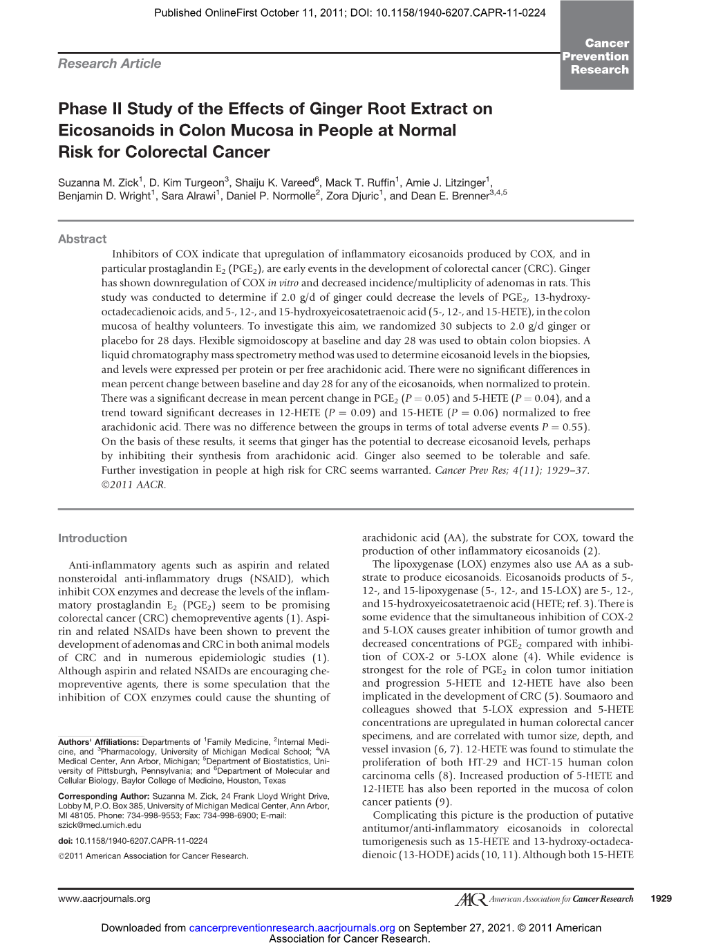 Phase II Study of the Effects of Ginger Root Extract on Eicosanoids in Colon Mucosa in People at Normal Risk for Colorectal Cancer