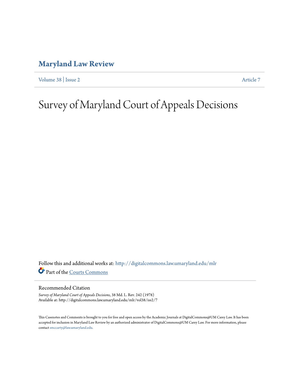 Survey of Maryland Court of Appeals Decisions