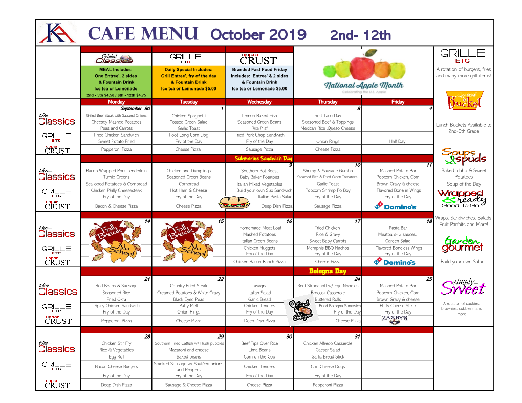 Cafe MENU October 2019 2Nd- 12Th