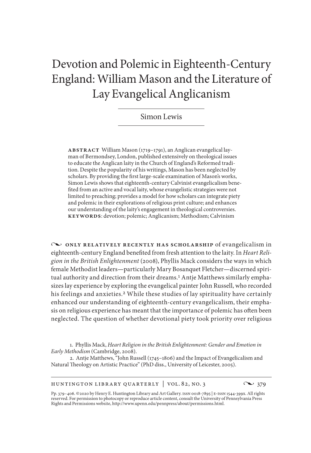 Devotion and Polemic in Eighteenth-Century England: William Mason and the Literature of Lay Evangelical Anglicanism