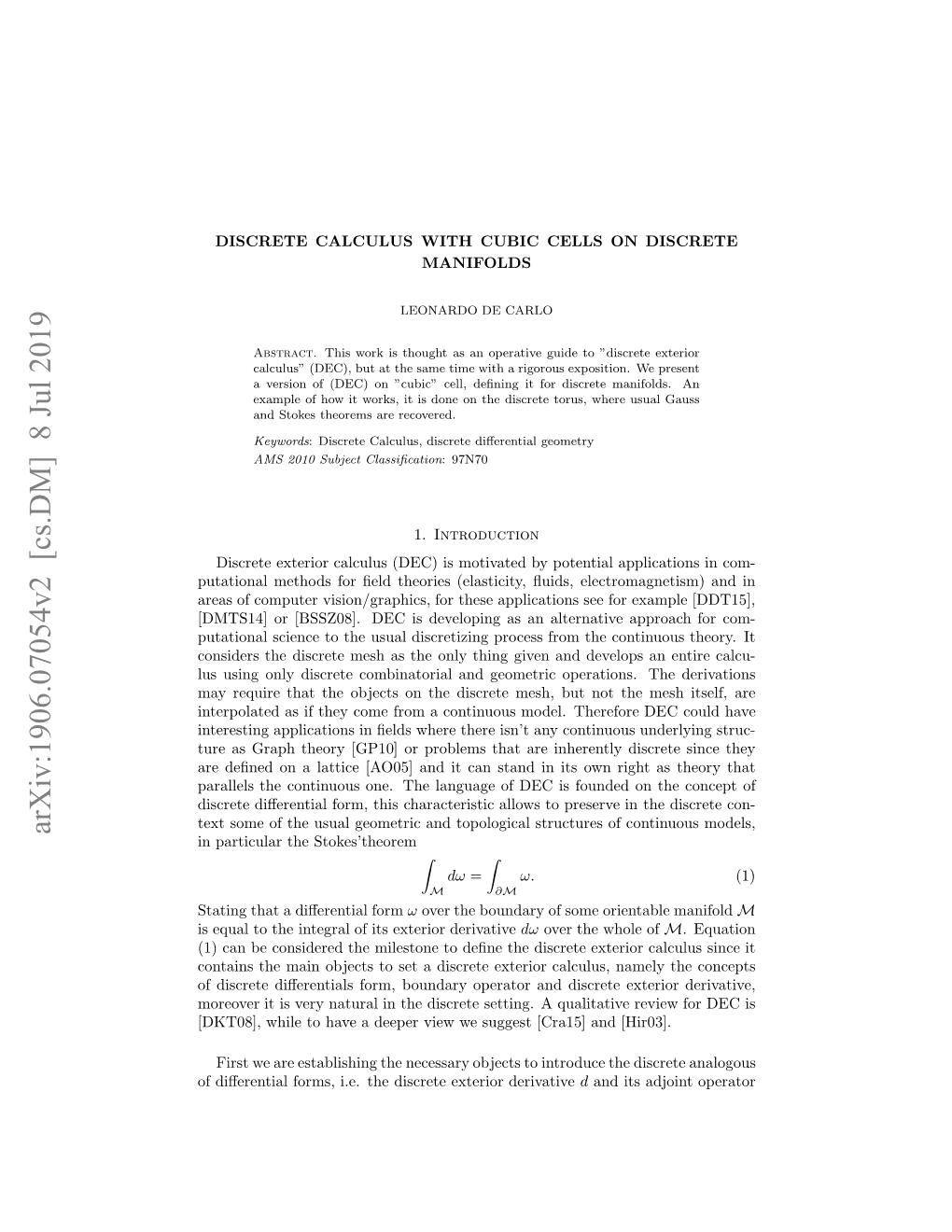 Discrete Calculus with Cubic Cells on Discrete Manifolds 3