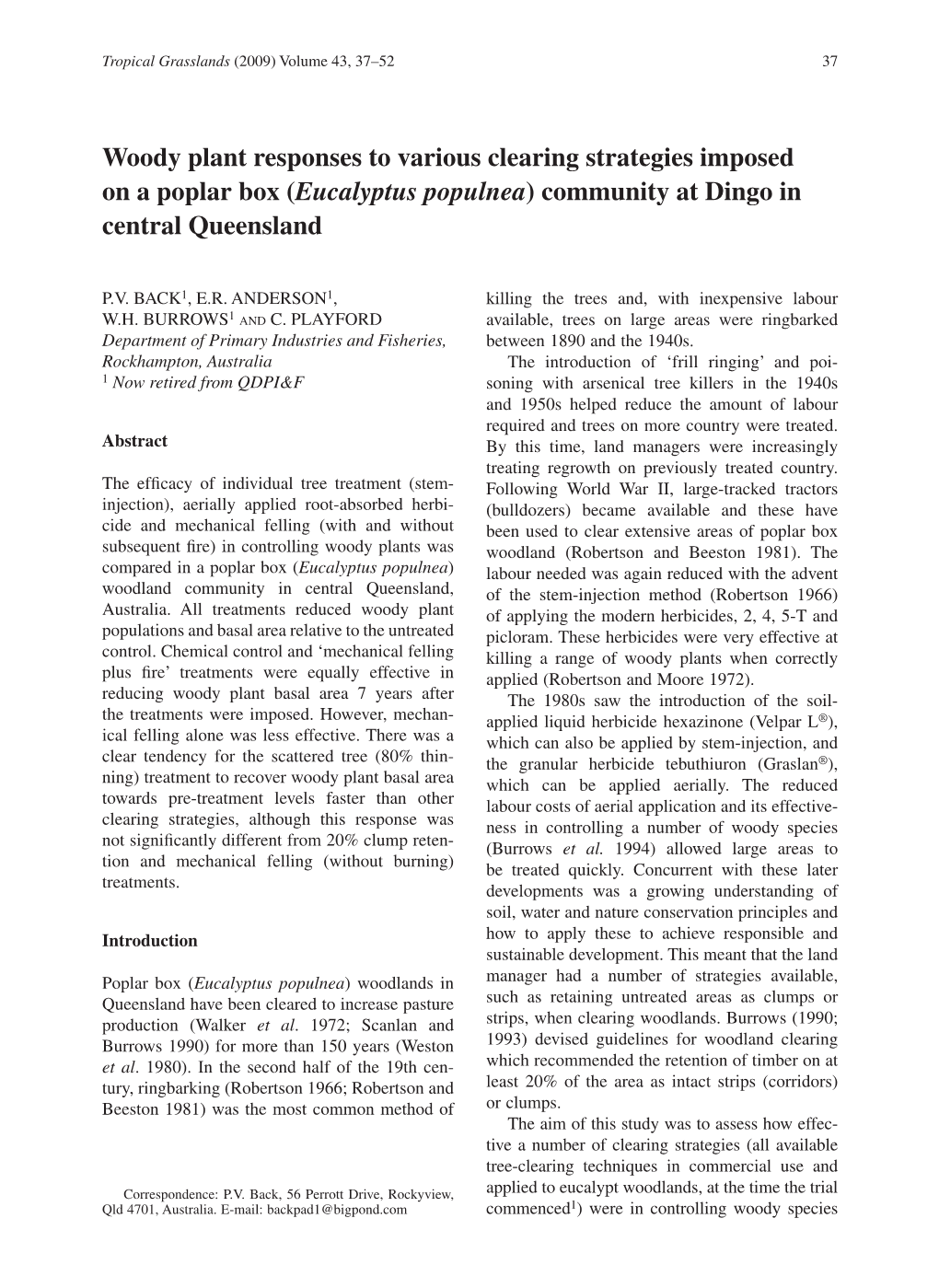 Woody Plant Responses to Various Clearing Strategies Imposed on a Poplar Box (Eucalyptus Populnea) Community at Dingo in Central Queensland