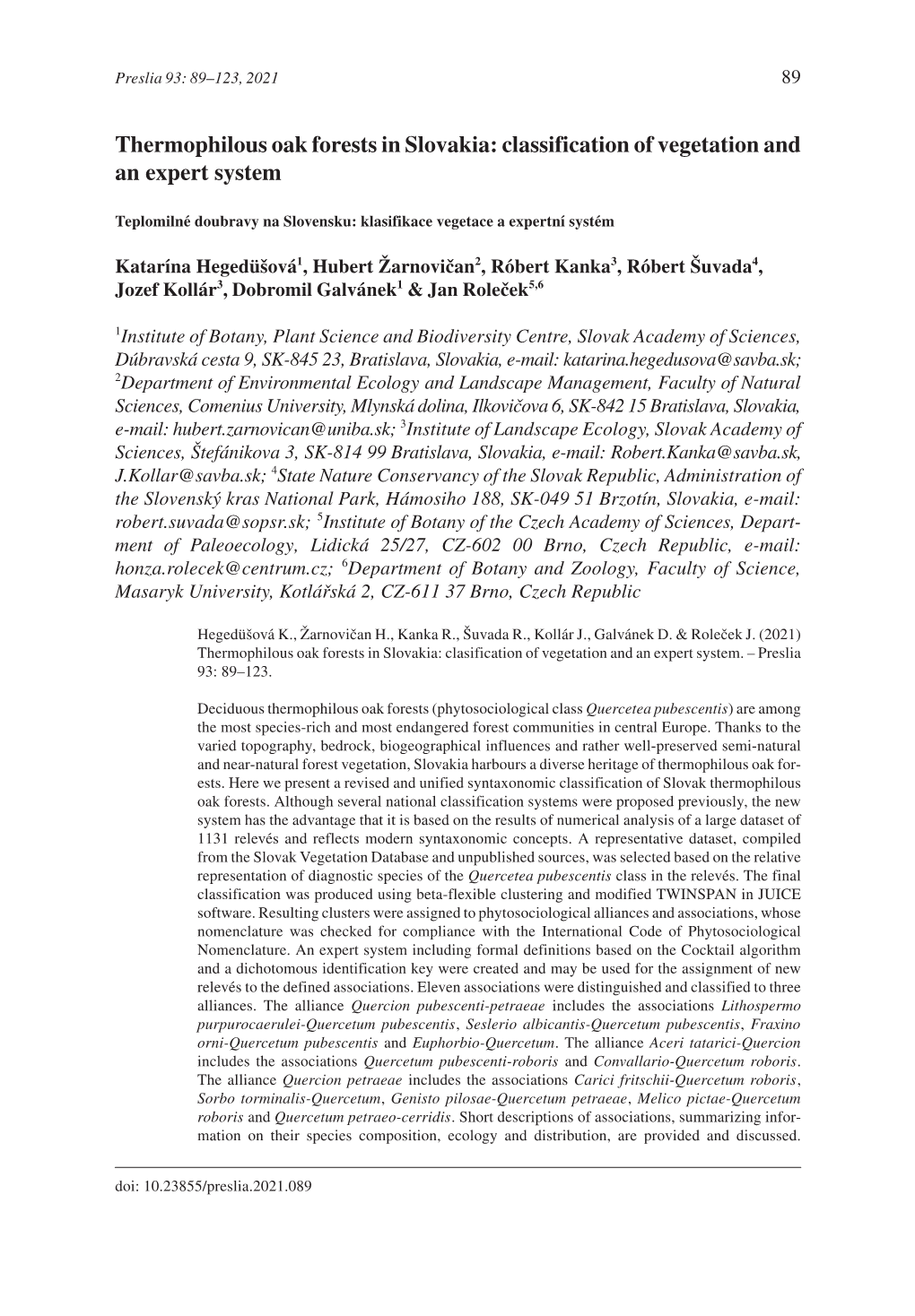 Thermophilous Oak Forests in Slovakia: Classification of Vegetation and an Expert System