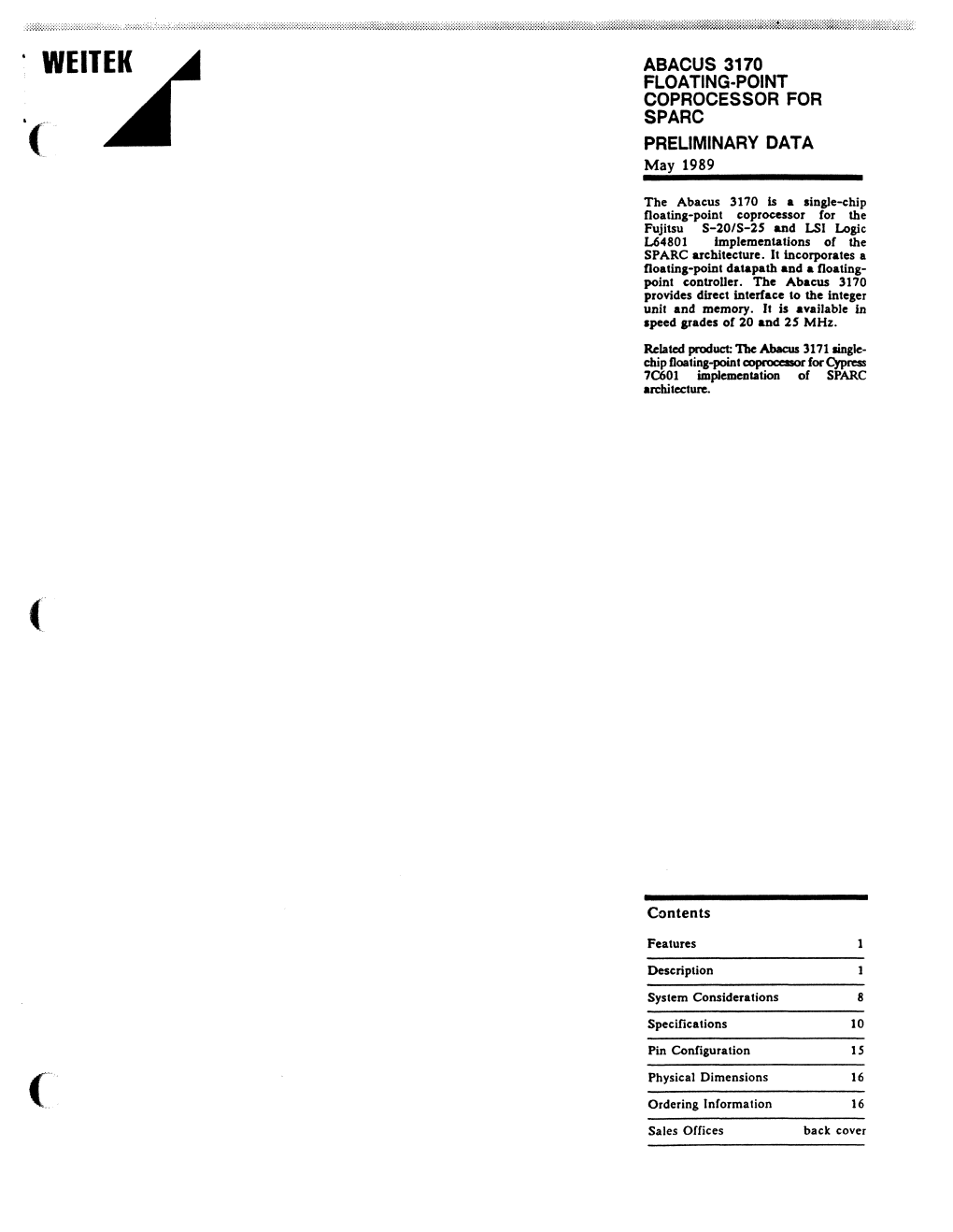 · Welter ABACUS 3170 FLOATING·POINT COPROCESSOR for SPARC PRELIMINARY DATA May 1989