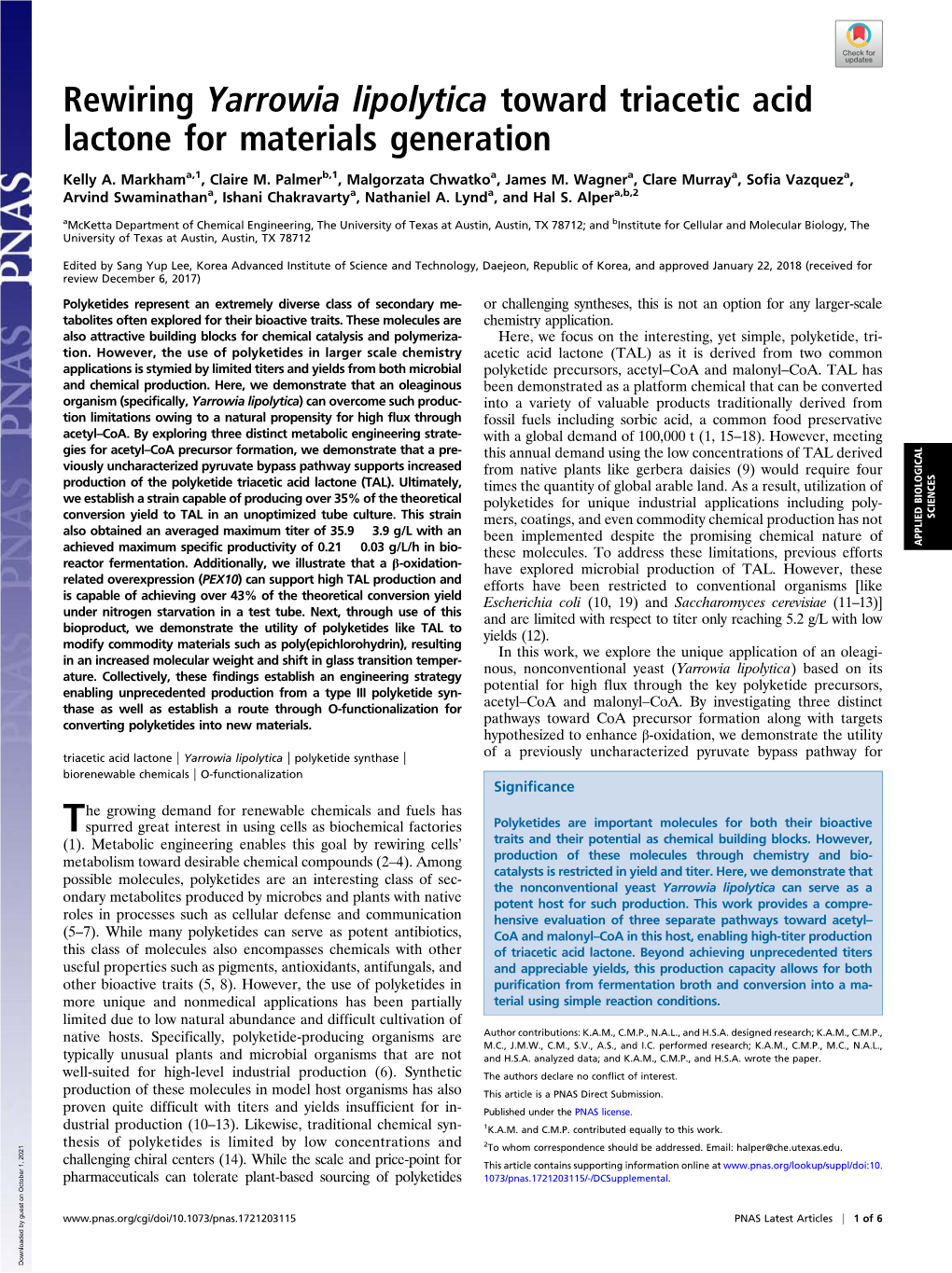 Rewiring Yarrowia Lipolytica Toward Triacetic Acid Lactone for Materials Generation