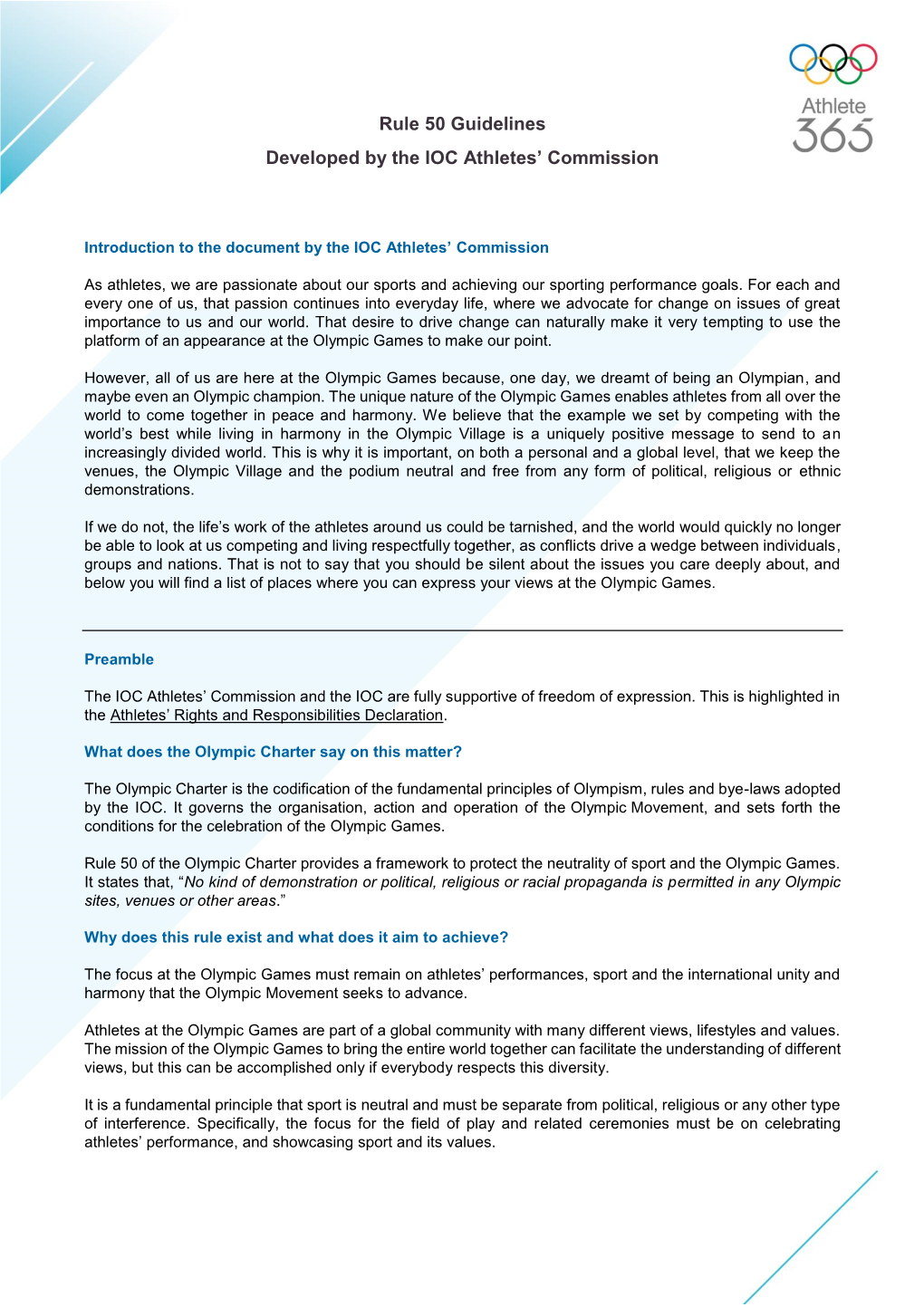 Rule 50 Guidelines Developed by the IOC Athletes' Commission