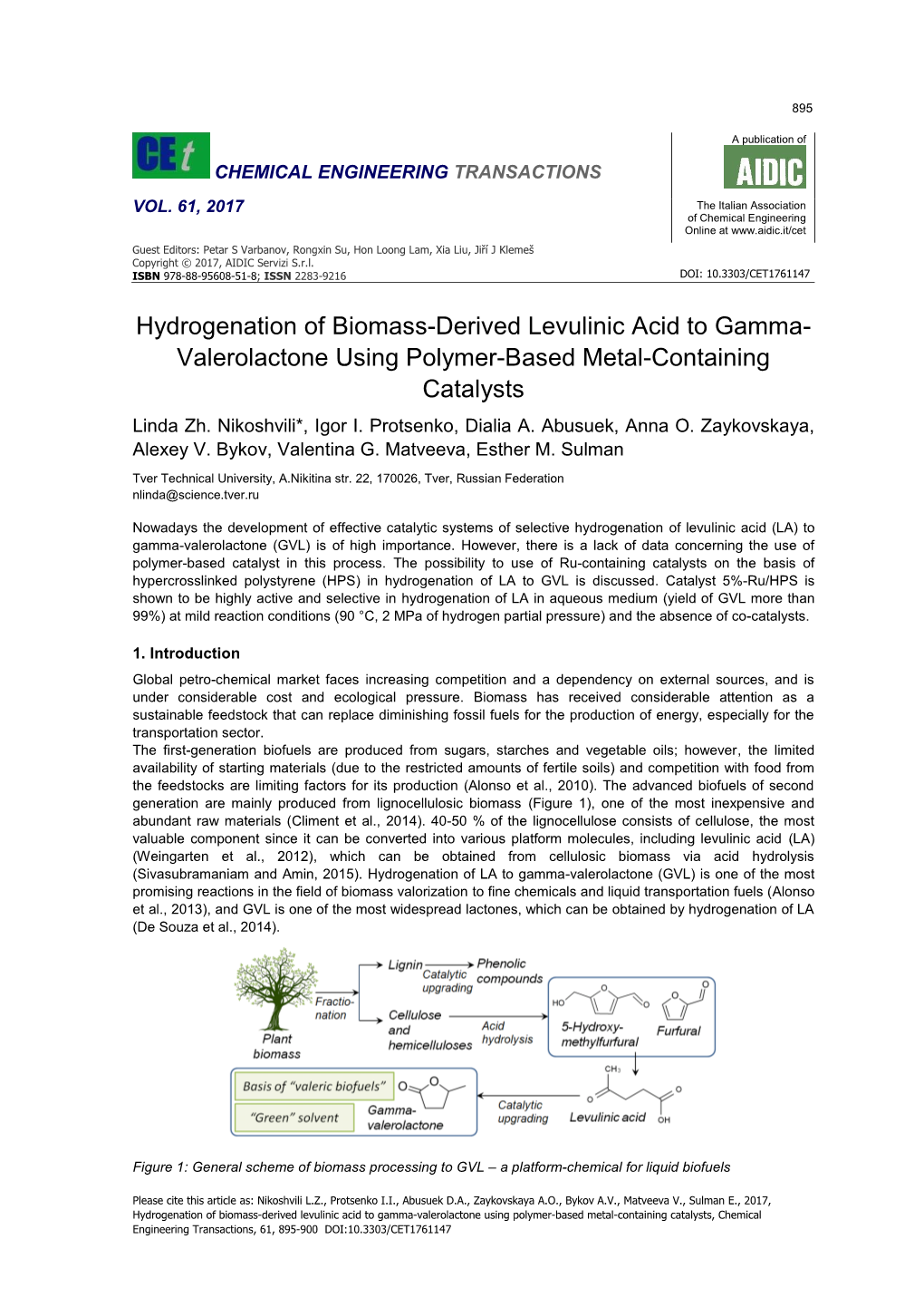 Valerolactone Using Polymer-Based Metal-Containing Catalysts, Chemical Engineering Transactions, 61, 895-900 DOI:10.3303/CET1761147 896
