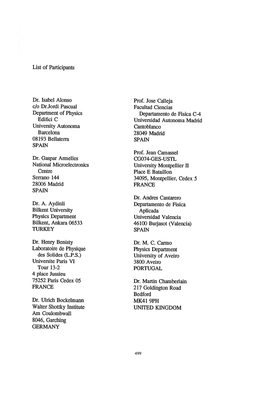 List of Participants Dr. Isabel Alonso C/O Drjordi Pascual Department Of