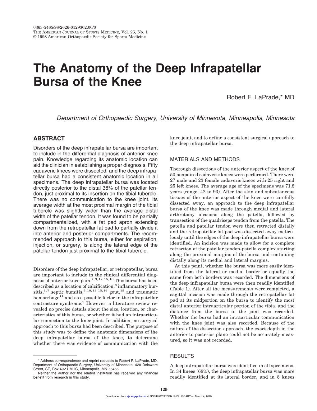 The Anatomy of the Deep Infrapatellar Bursa of the Knee Robert F