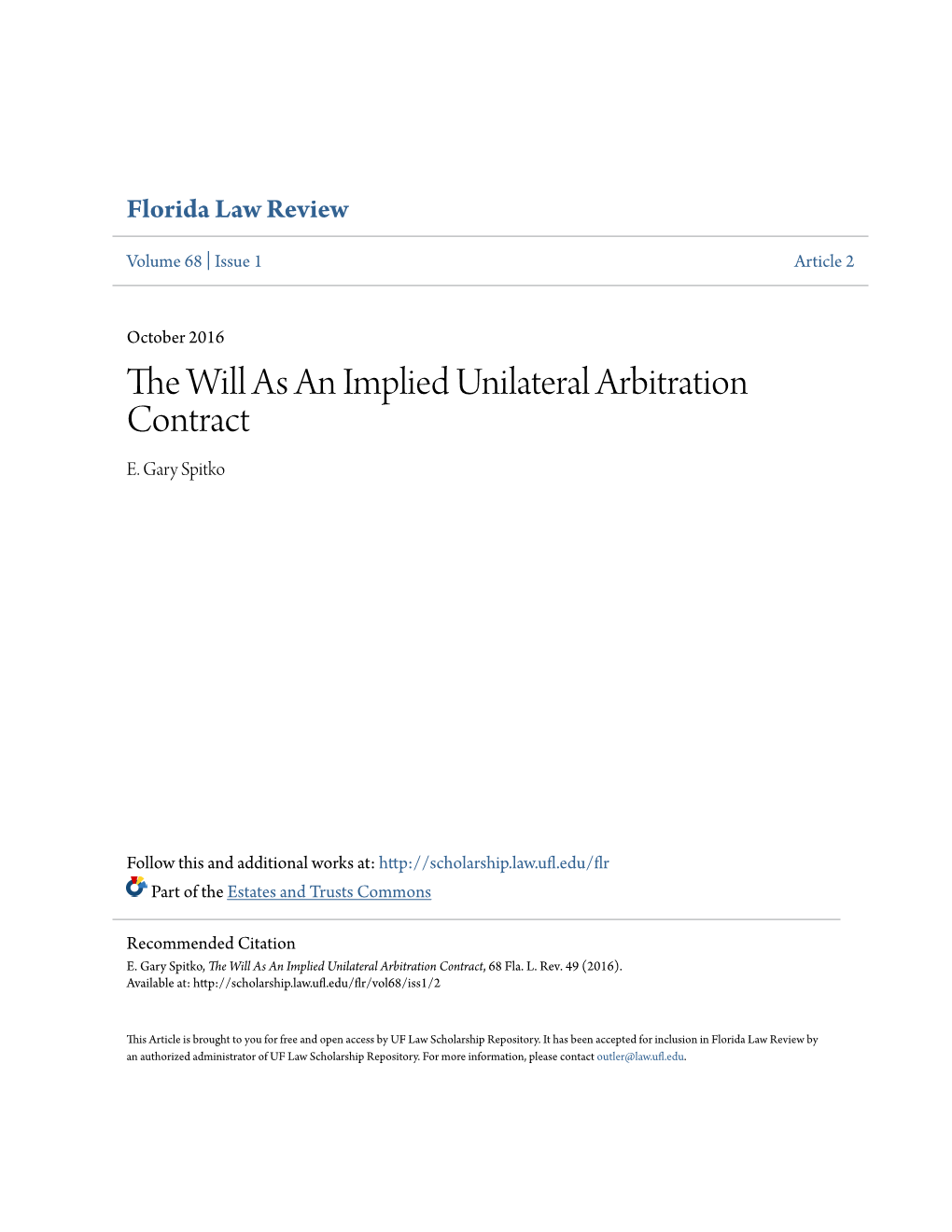 The Will As an Implied Unilateral Arbitration Contract, 68 Fla
